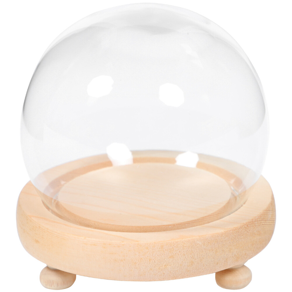 1PC Handle Cloche with Wood Base Glass Cloche with Base Clear Glass Dome Stand