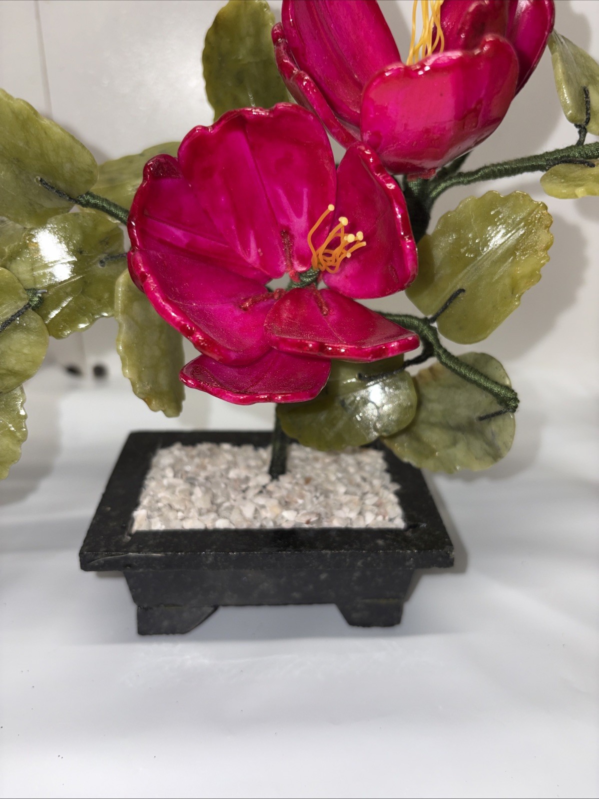Set of 2 handcrafted Jade and glass flower Bonsai small Peony Flower Basket