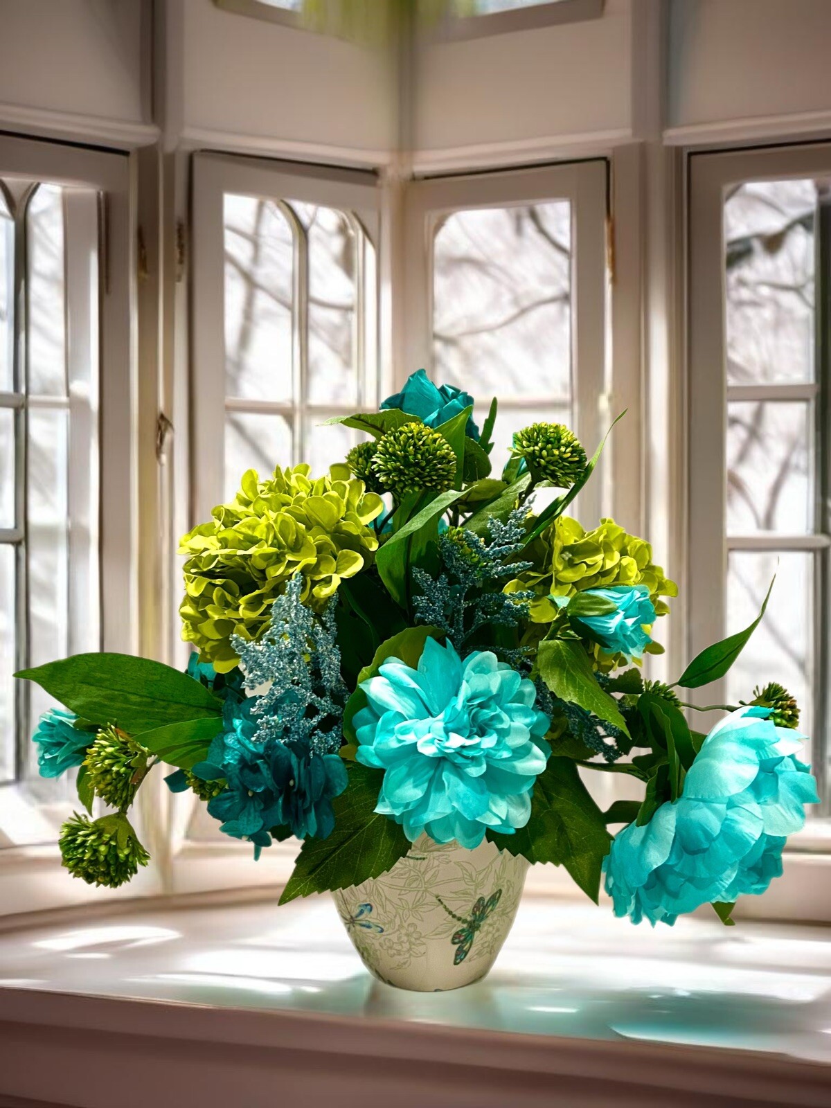 Teal Turquoise Blue & Lime Peony Floral Arrangement Dragon Fly Ceramic Vase