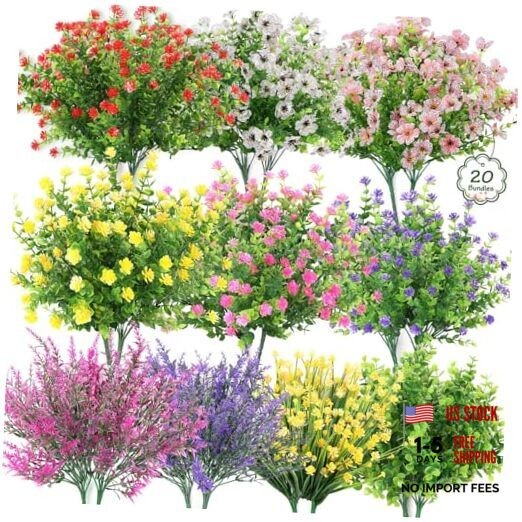 Bundles Realistic Artificial Flowers for Outdoors, UV Resistant No Fade Fake 20