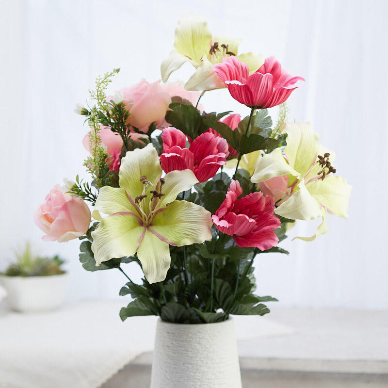 22″ Pink and Green Artificial Rose, Tiger Lily, and Cosmos Bush