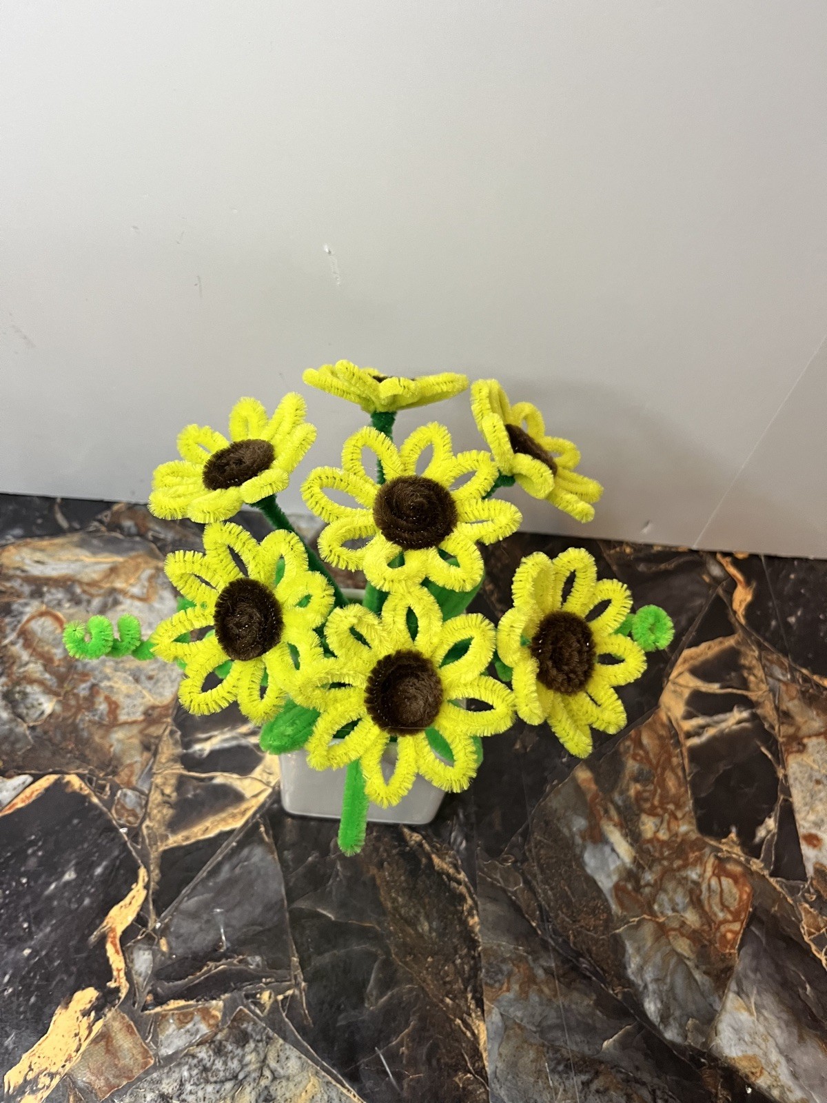 Pipe Cleaner Sunflowers – Mini Bouquet in White Ceramic Pot