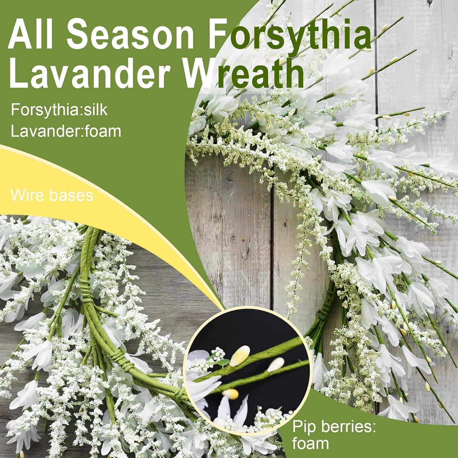 24 Inch White Forsythia Lavender Wreath Silk Floral Arrangement Wedding Decor