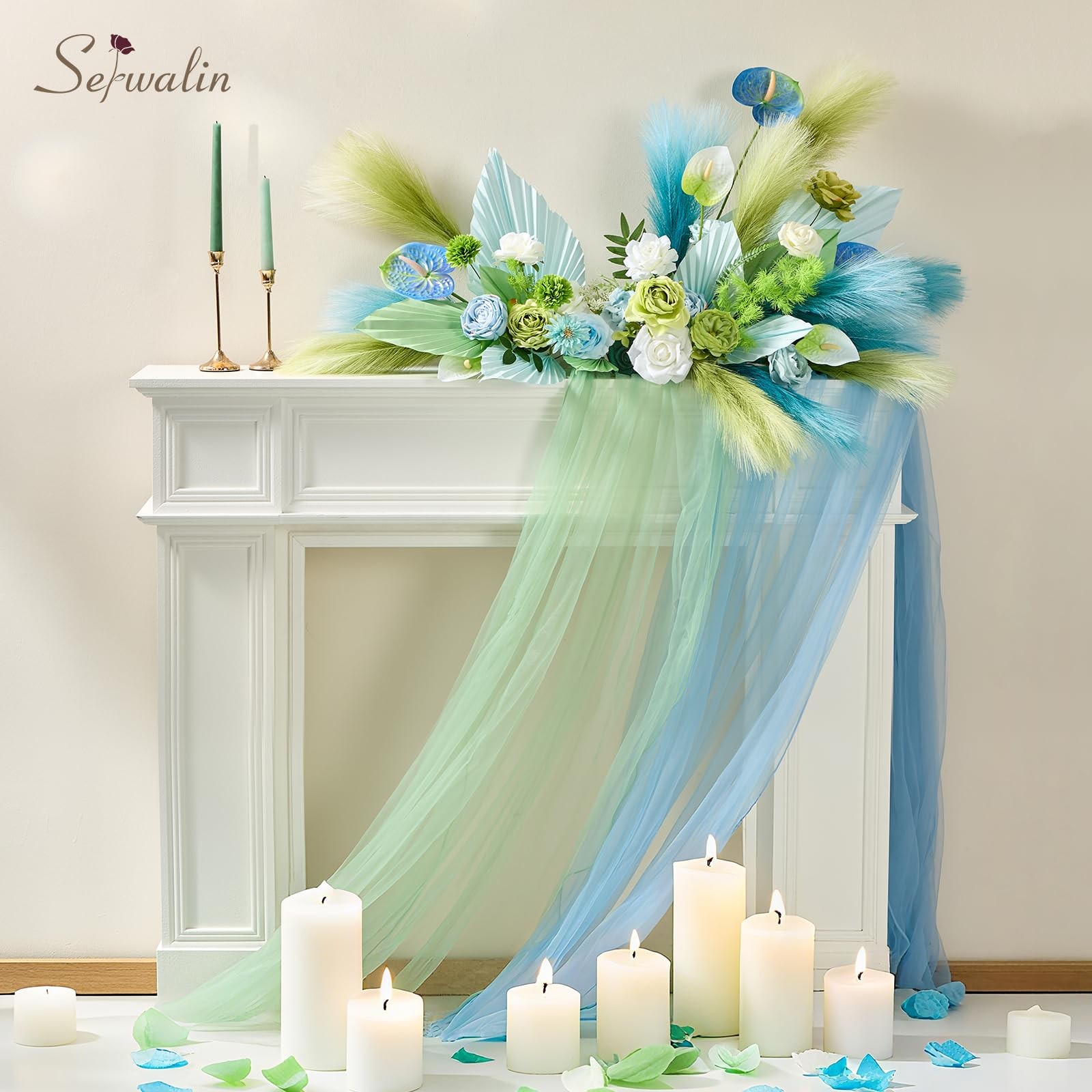 6 PCS 17.7 Inch Gradient Turquoise Green Artificial Fluffy Pampas Grass Faux