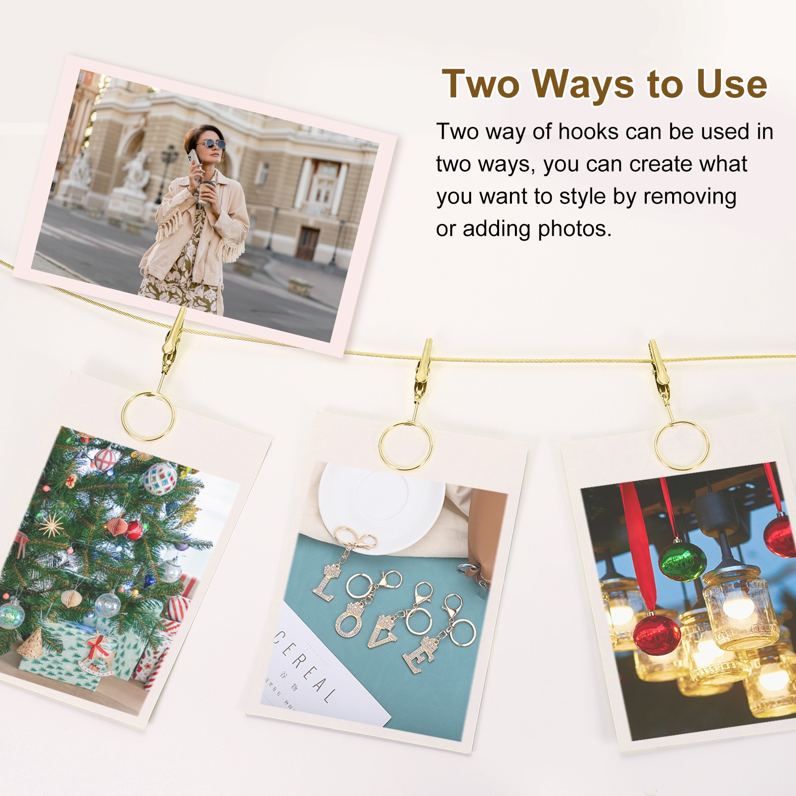 5Ft Wall Hanging Photo Display Cable Wire Rod with 10 Round Clips, Gold