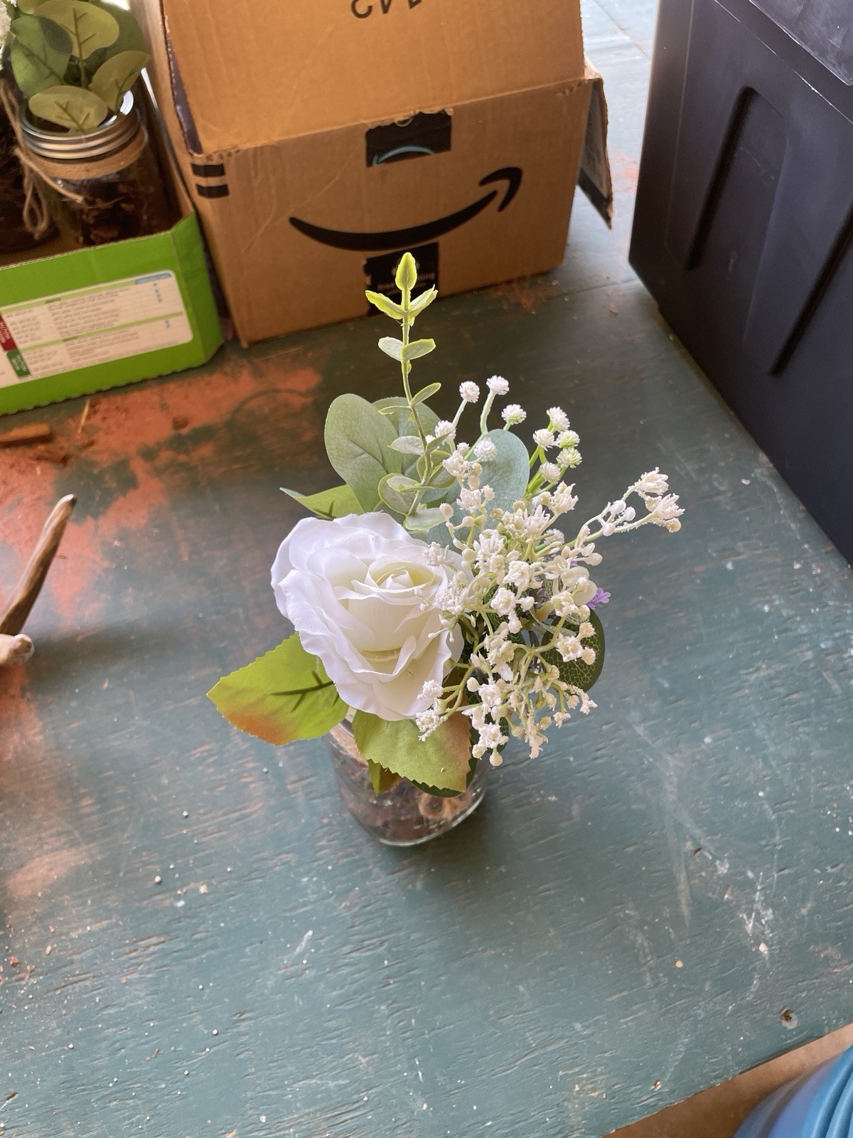 Artificial White Rose Mason Jar Centerpiece w/ Greenery Pinecones