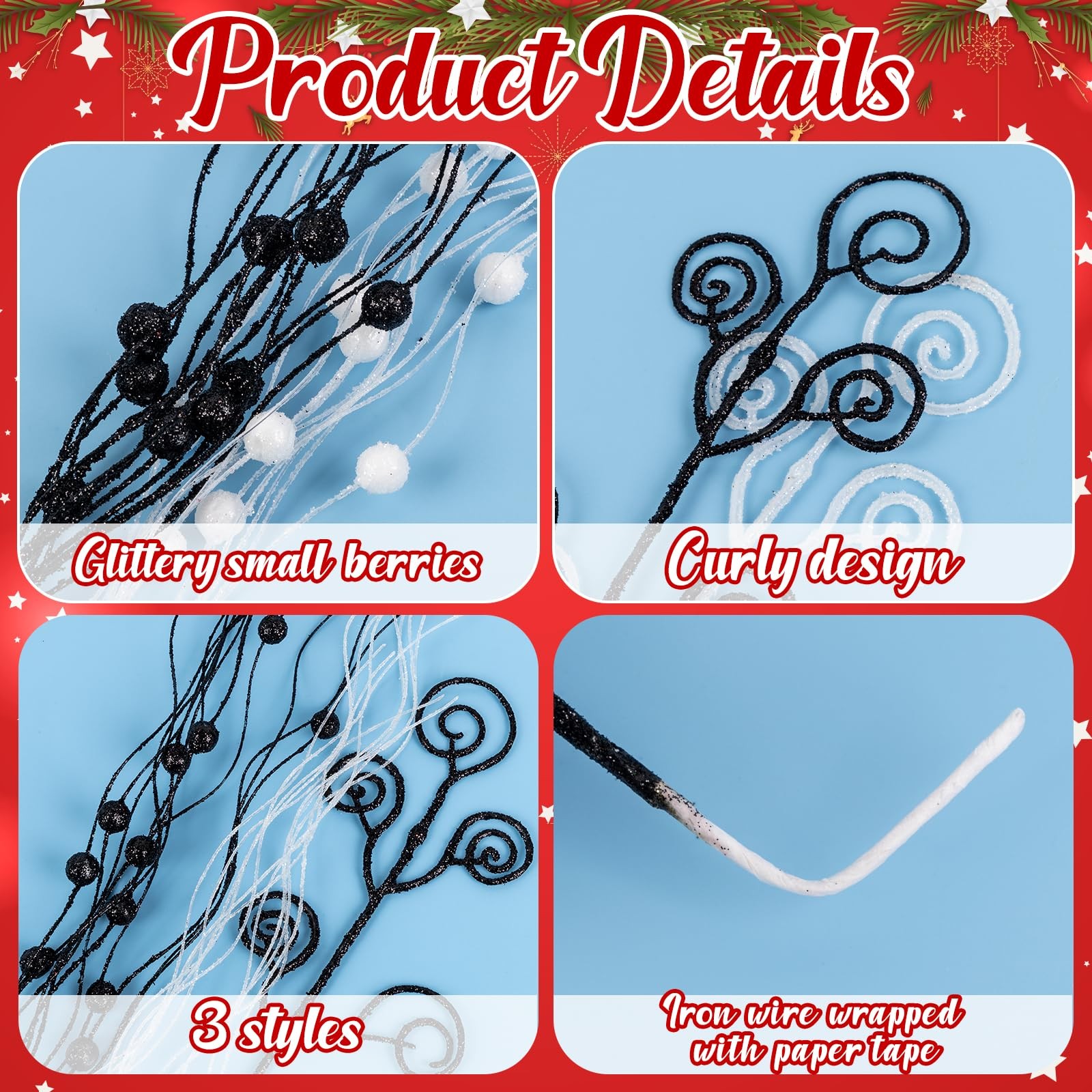 52Pcs Christmas Tree Decorations Black White Artificial Glitter Picks Sprays …