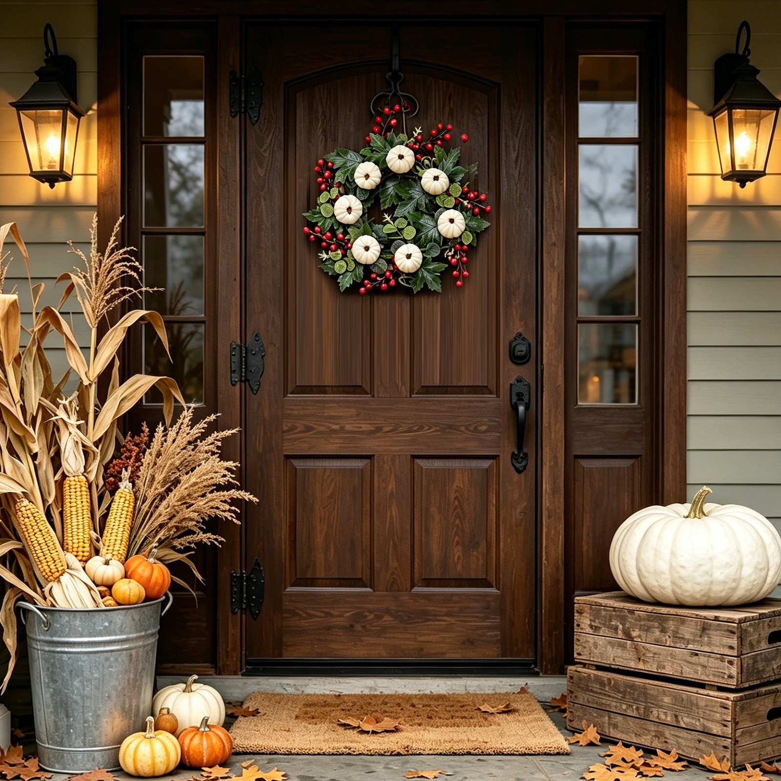 14in Plastic Wreath Artificial Flocked Pumpkins Berries Maple Eucalyptus
