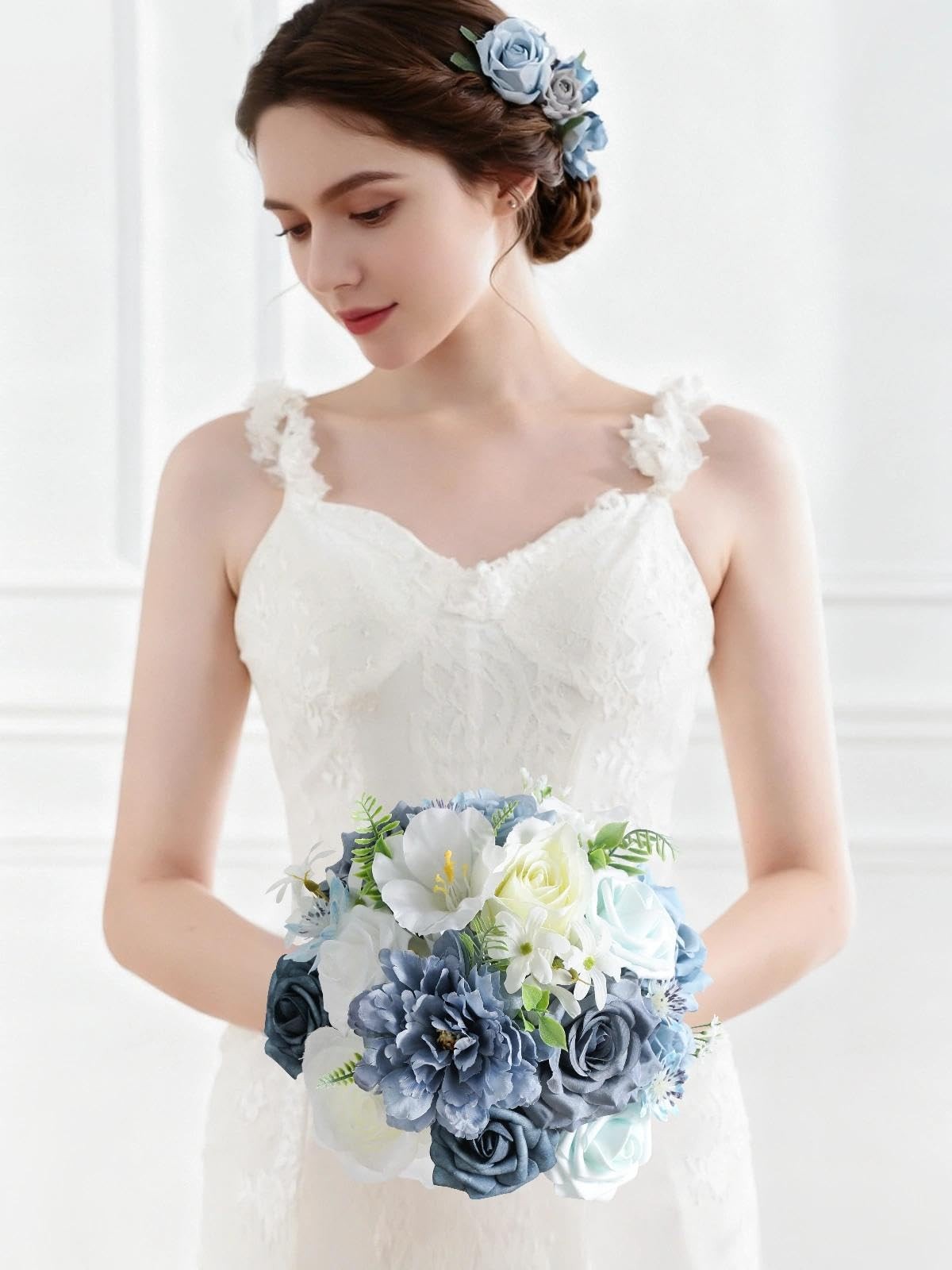 Artificial Flowers Combo Set,Dusty Blue Fake Roses Silk Flowers with Stems fo…