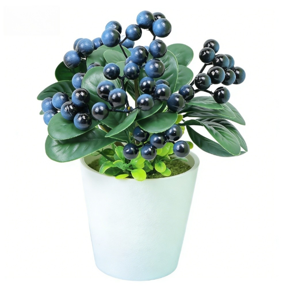 Potted Plastic Blueberry Holly Plant with Lifelike Berries and Foliage