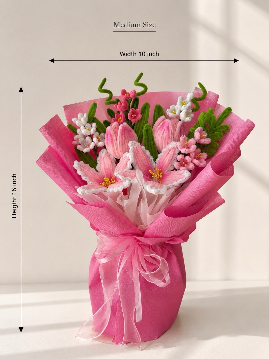 Handmade Artificial Lily Bouquet Pink White Green Large 17.5in
