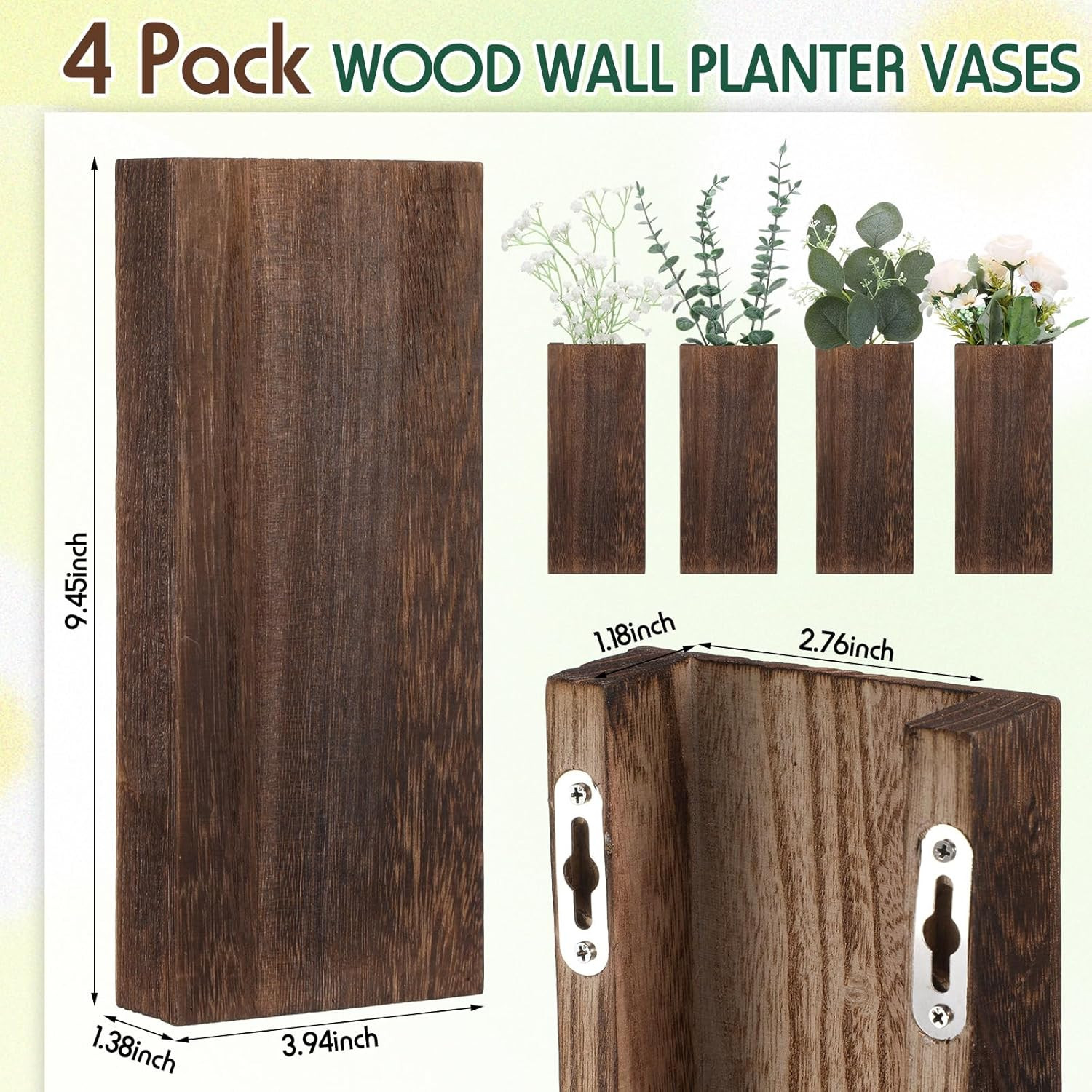 4 Pack Wood Wall Planter for Dried Flowers and Artificial Greenery Indoor Plants