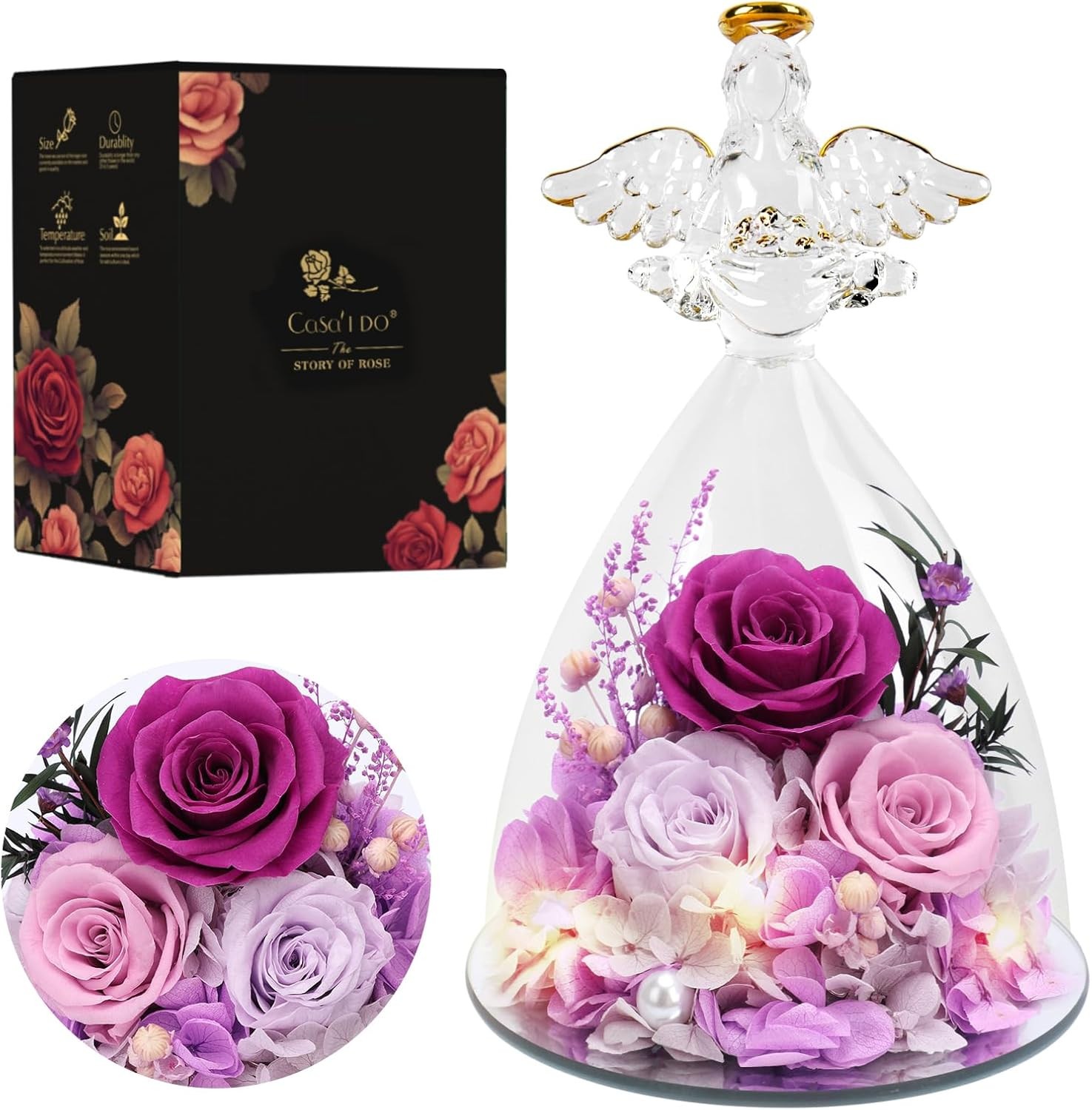 7″ Preserved Rose Flowers in Glass Angel Figurine Eternal Rose Gift, LED, Purple