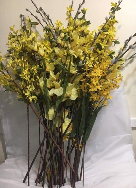 Large Lot Yellow Artificial Forsythia Bushes/ Stamps W/Green 36”Tall Fall Decor