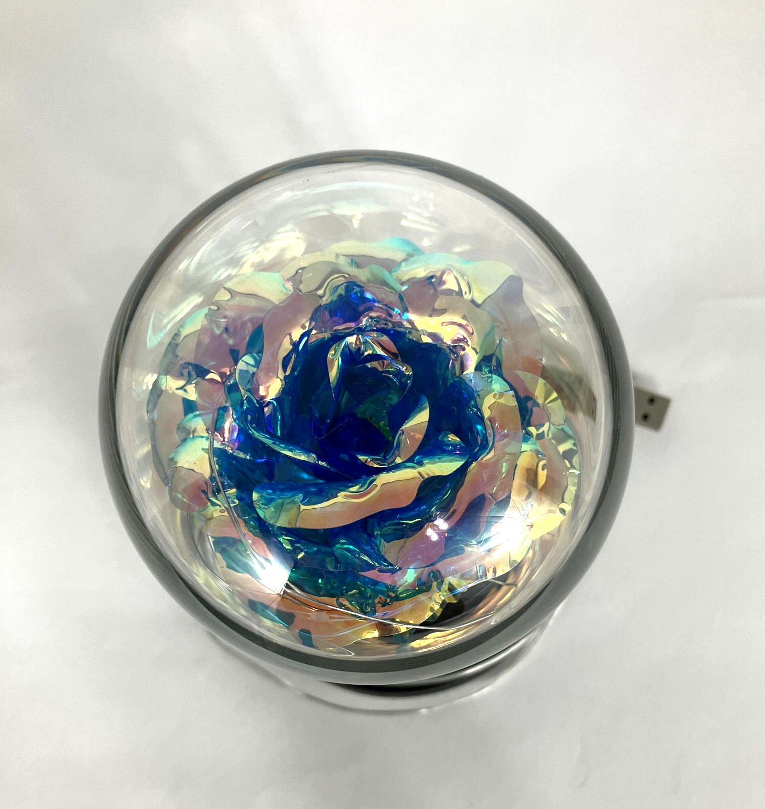 Light up Rose in Glass Dome, Blue & Gold with LED Fairy Lights USB Plug Colorful
