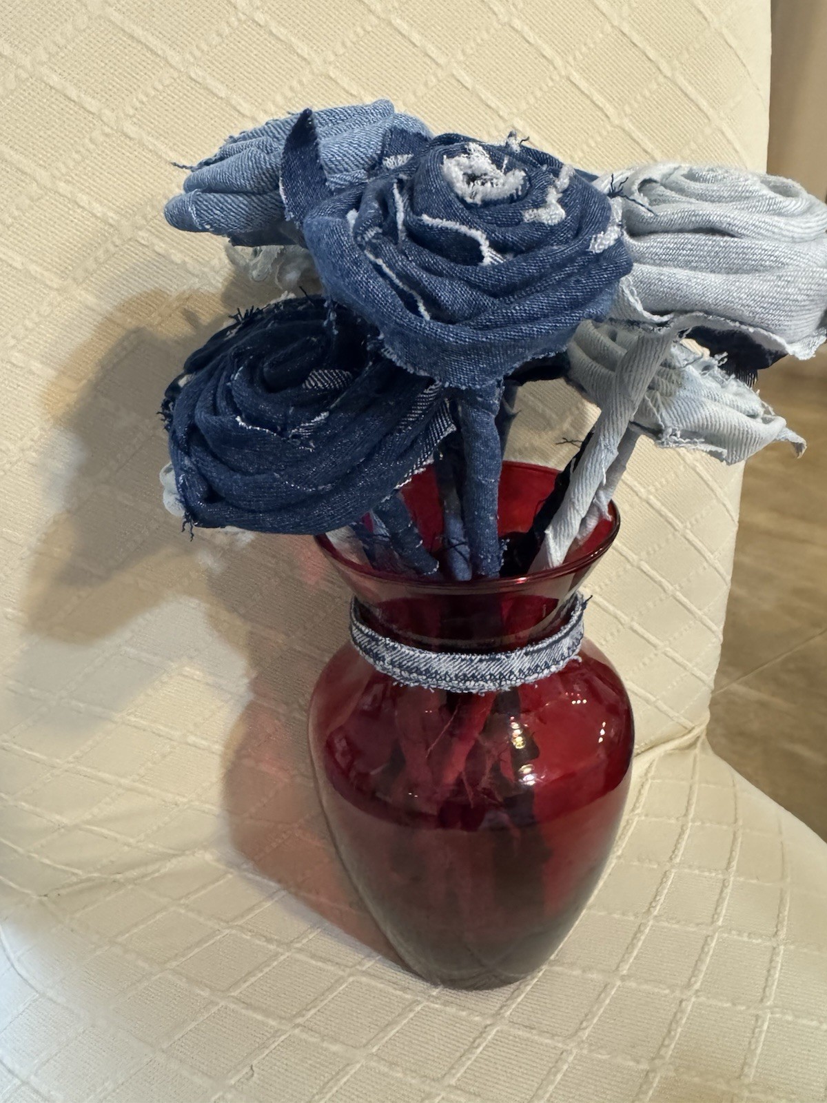 12 (a Dozen) Handmade Denim Roses, Upcycled Vase, Birthday, Mother’s Day, Easter