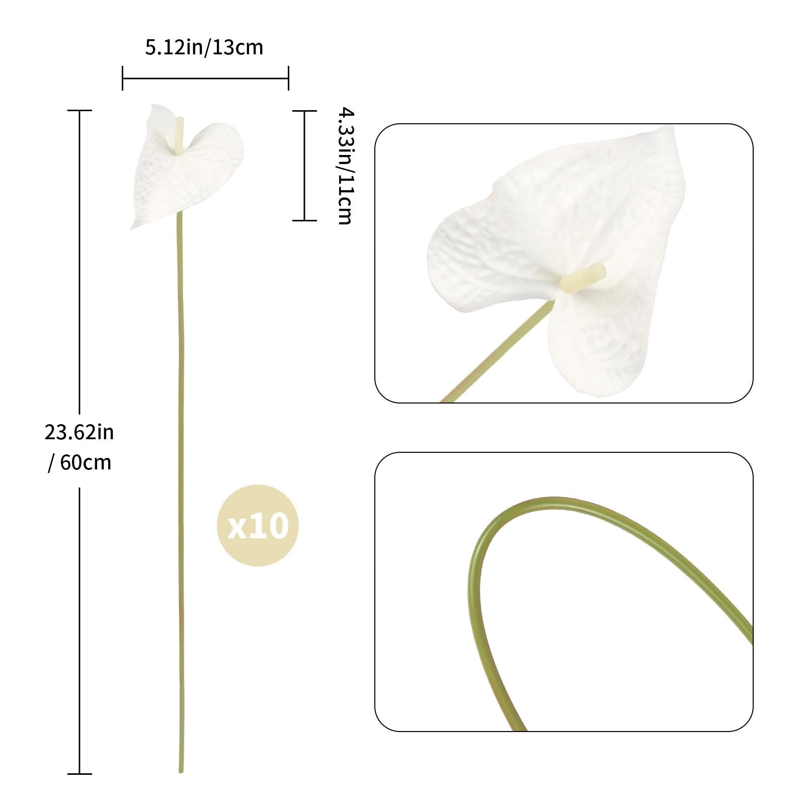 White Anthurium Artificial Flowers 23.6 Inch Fake Tropical Real Touch 10 PCS
