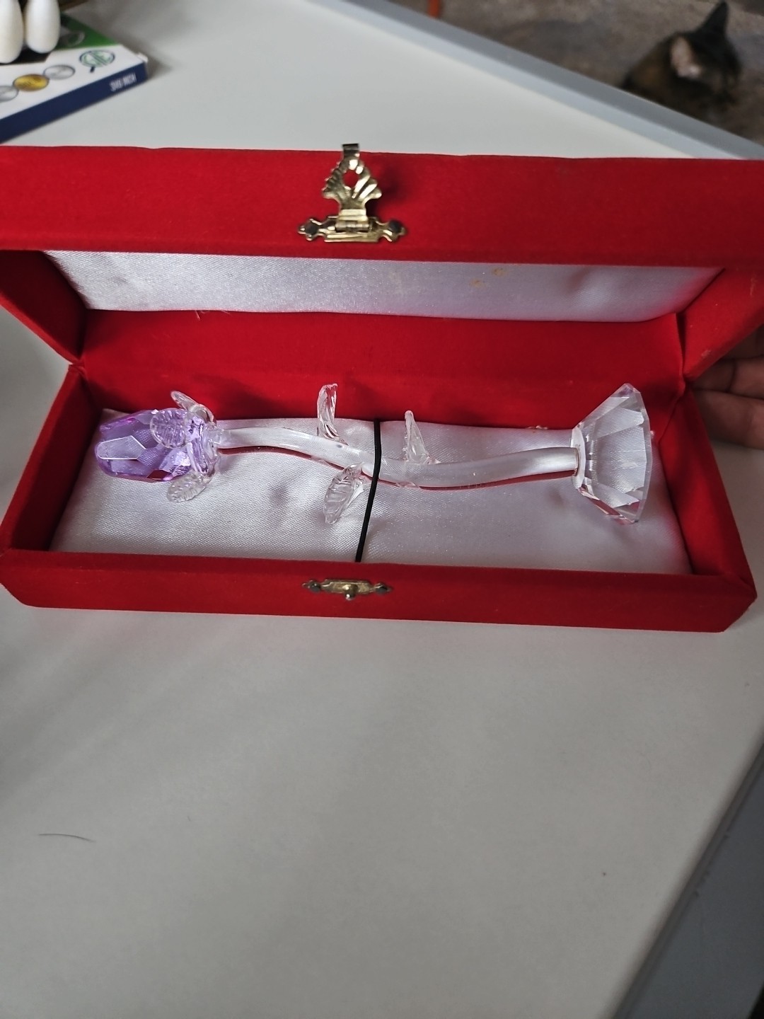 Purple And Clear Glass Rose Flower W/ Protective Storage Case Box February Gift