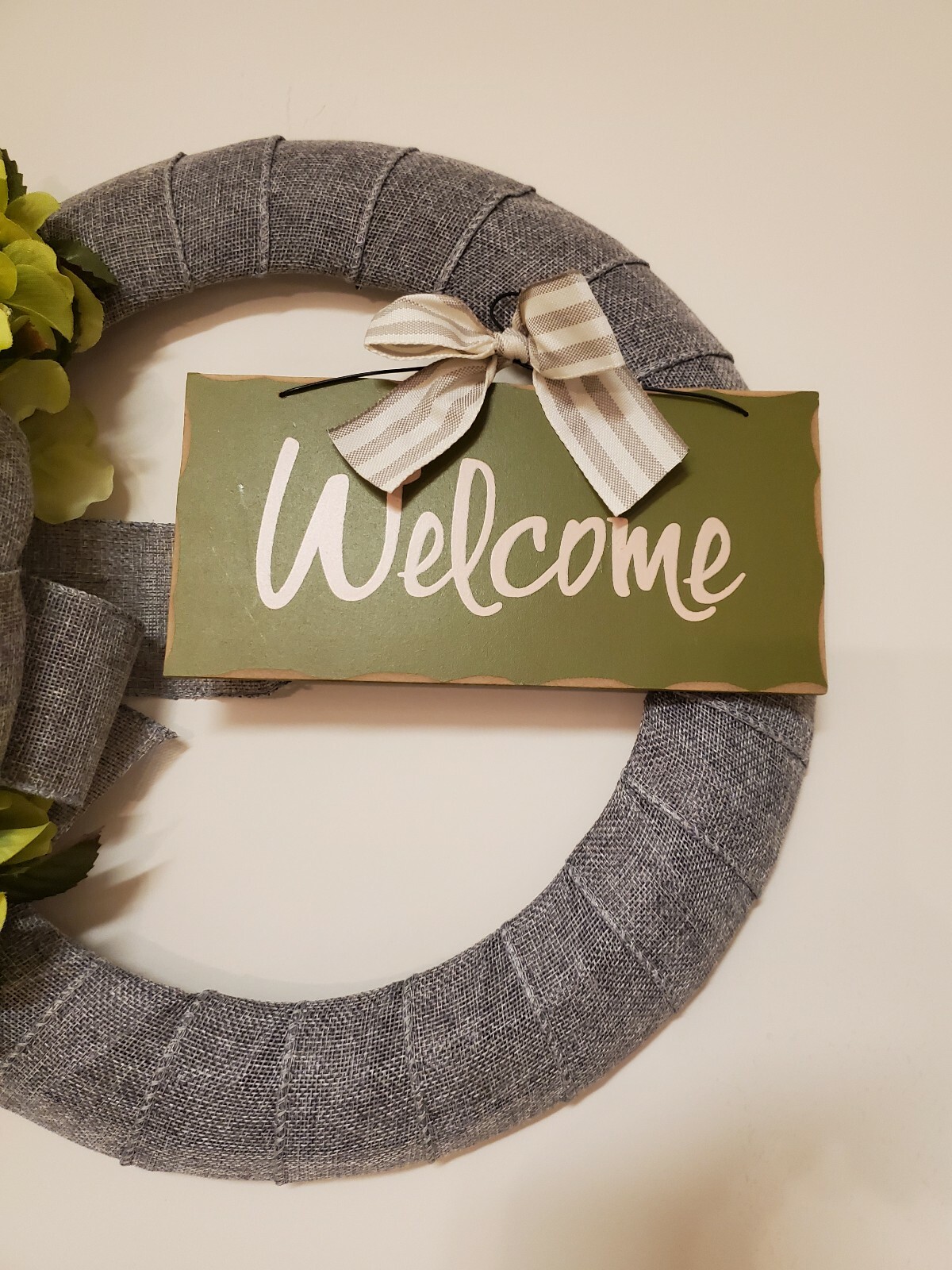 WELCOME green FLOWER Hydrangeas burlap WREATH FALL autumn Decor Front Door 15″