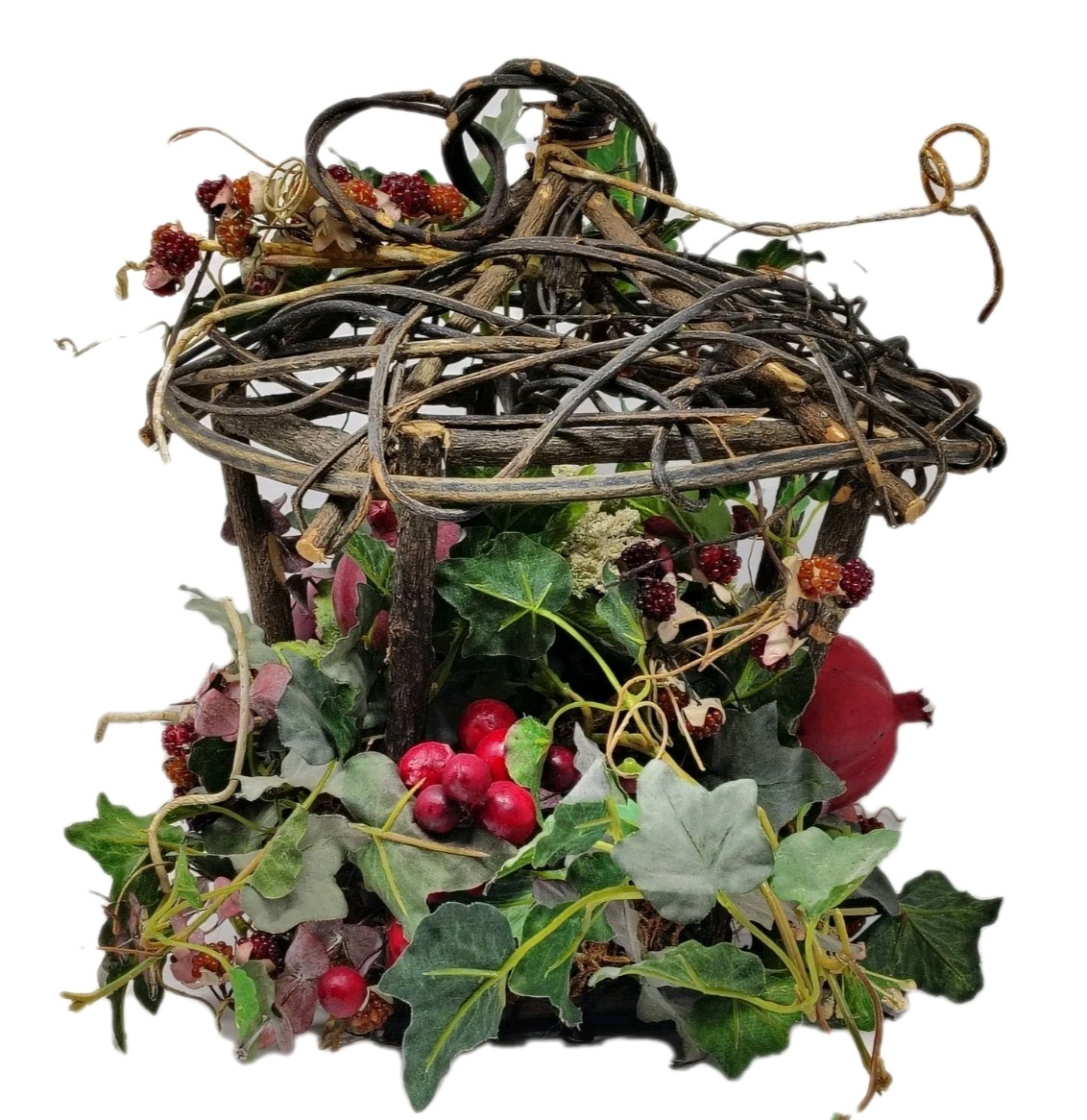 Hanging Wicker Twig Basket Faux Vine Berry Floral Arrangement Gazebo Bird Cage
