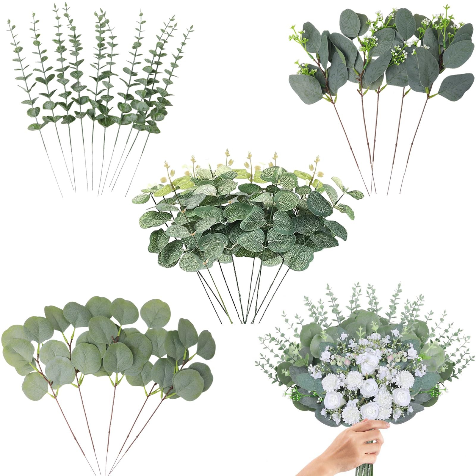 Eucalyptus Stems Bulk 30 Pcs, 4 Kinds Mixed Artificial Silver Dollar Eucalypt…