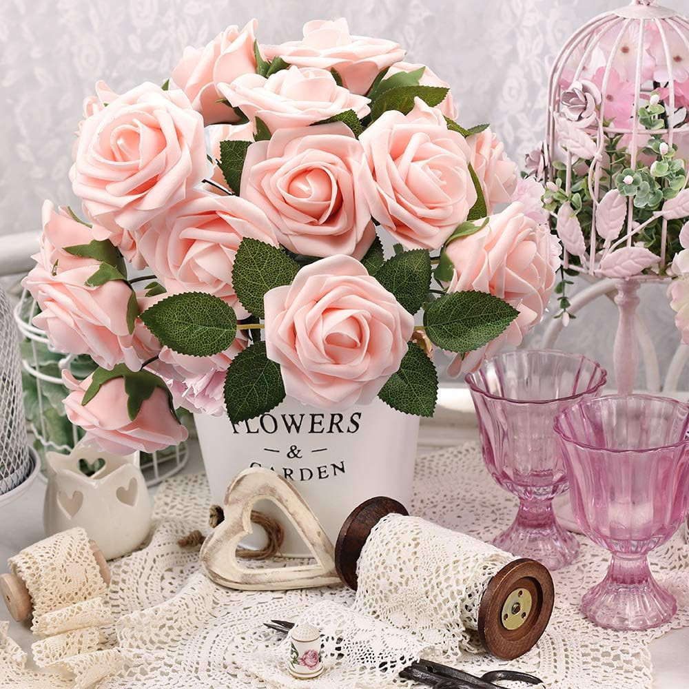 50Pcs Artificial Roses Flowers, Blush Pink Roses Artificial Flowers