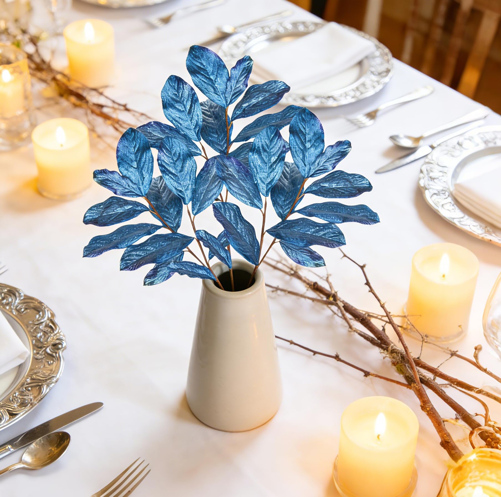 31″ Royal Blue Glitter Magnolia Leaves Stems Picks and Sprays, Artificial Gli…
