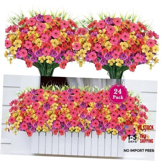 24 Bundles Realistic Fake Flowers for Outdoors, No Fade Faux 24PCS Mix Color