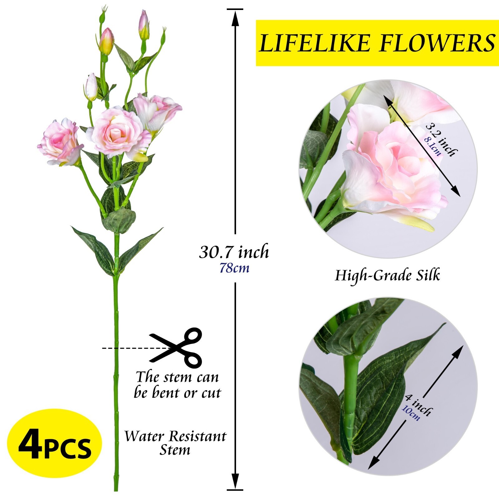 Eustoma Pink Roses Artificial Flowers Silk Bouquet 30” Stems, Bulk 4pcs