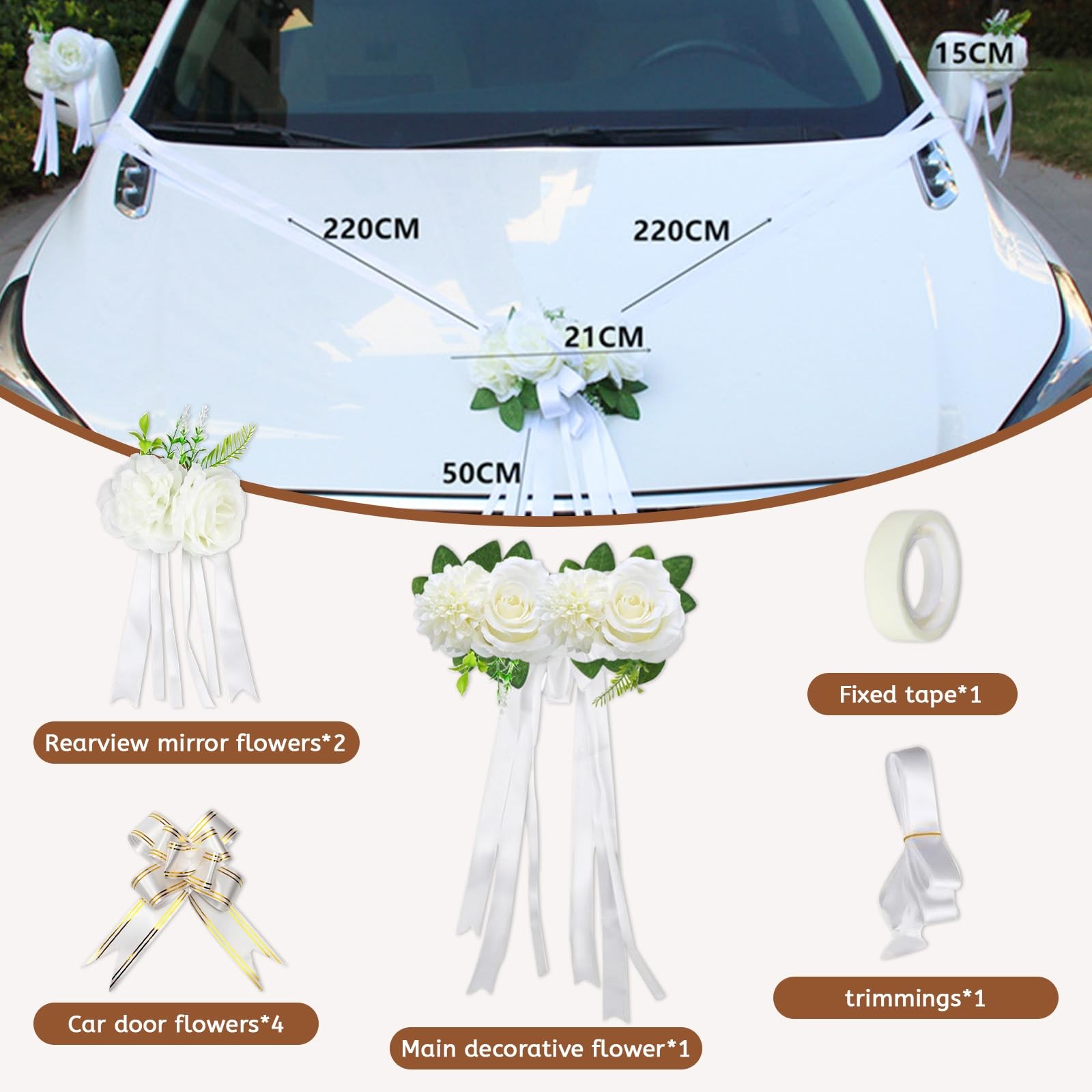 White Wedding Car Decoration Kit Floral Hood Arrangement Side Mirror Flowers