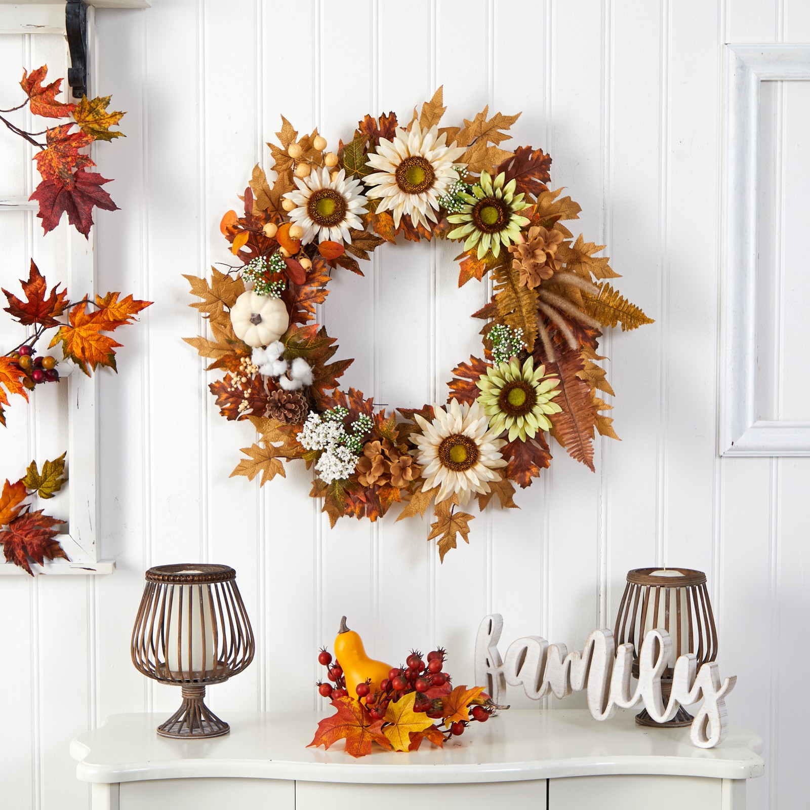 30″ Autumn Sunflower/White Pumpkin and Berries Artificial Fall Wreath in Orange