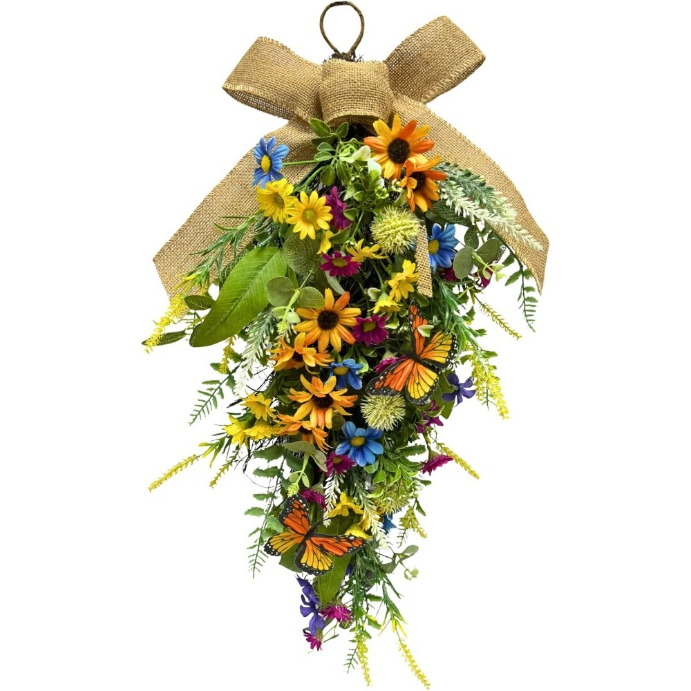 Pre-Lit Floral Teardrop Swag Sunflower Daisy Eucalyptus Door Wall Decor