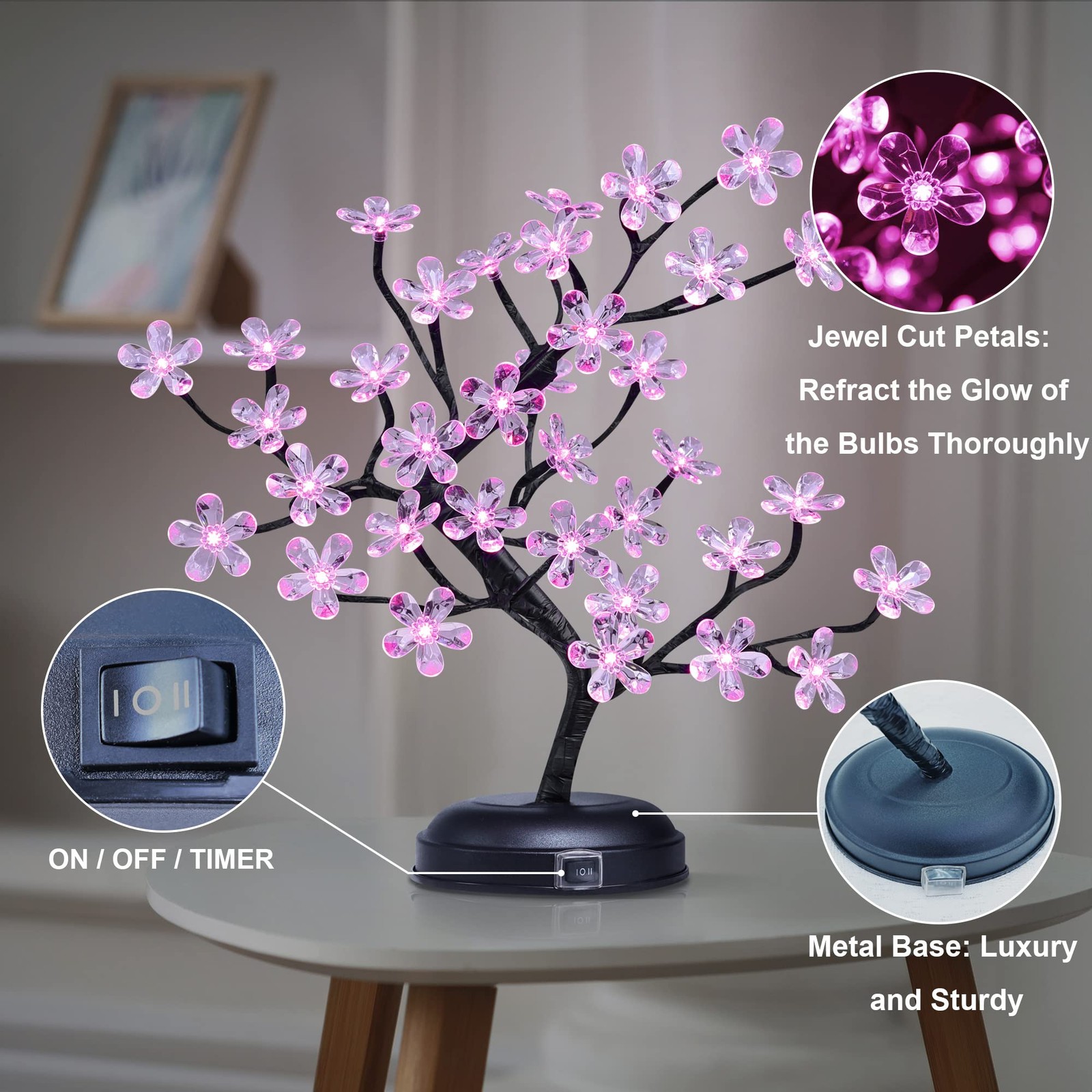 18-inch Crystal Flower LED Bonsai Tree, Pink Light, 36 LED Lights, Battery Po…