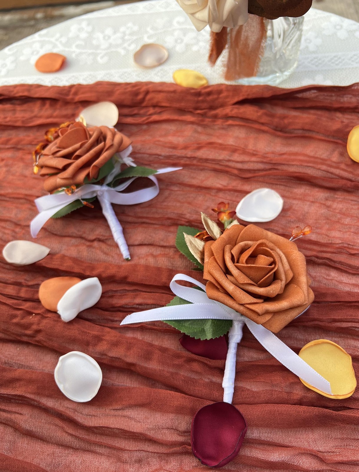 Burnt Orange Boutonniere for Men Wedding Set of 2,Groom and Best Man Boutonni…