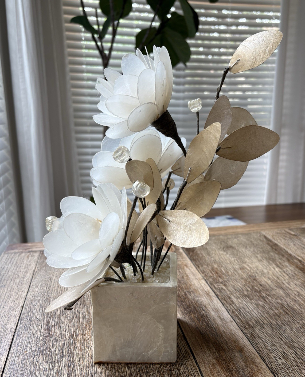 Capiz Shell Flower Display Vintage 1970’s Shell Craft Floral Made In Philippines