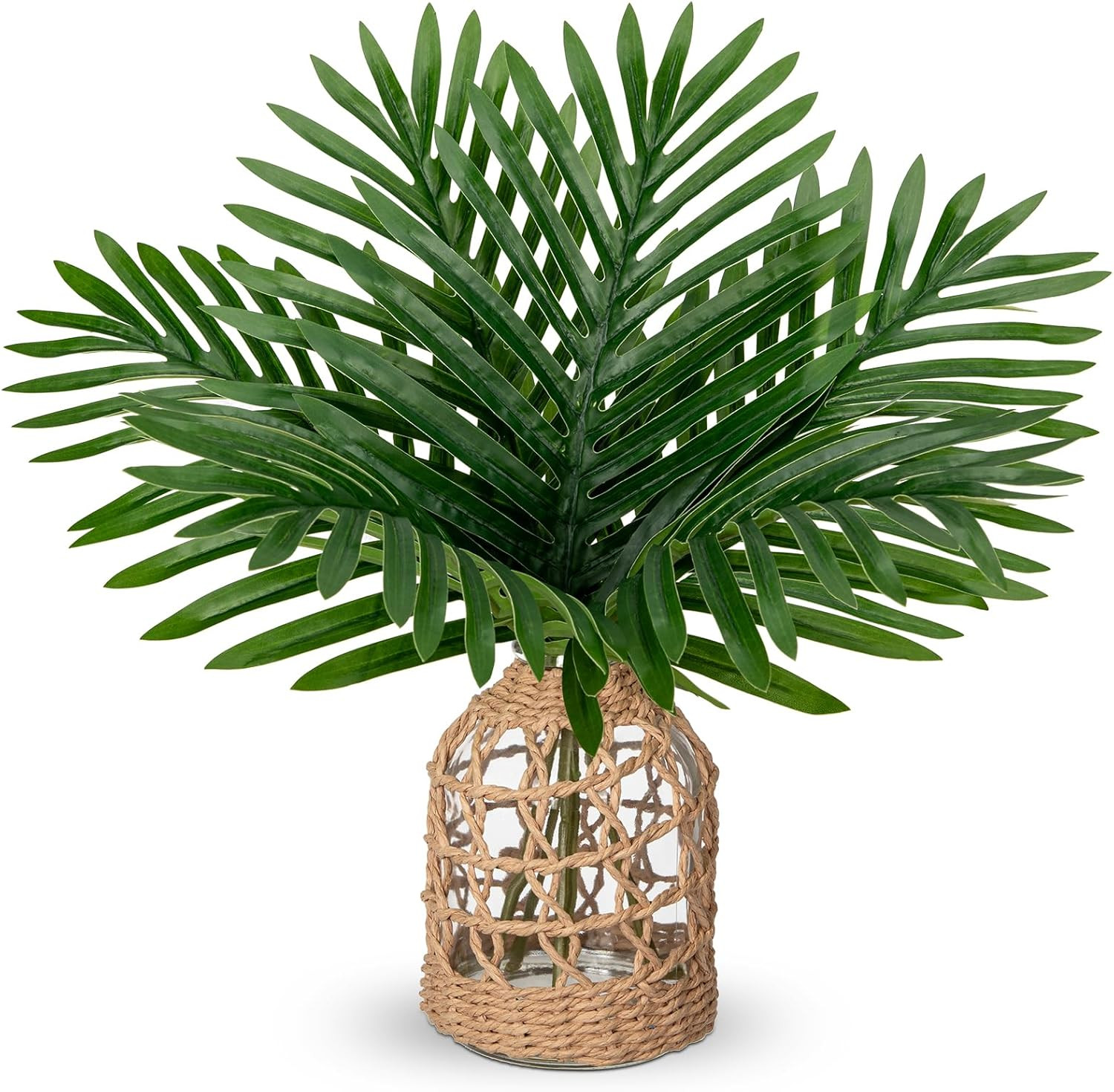 Fake Plants 14.2″ Faux Palm Plant in Glass Vase, Realistic Tropical Fake Palm Ho