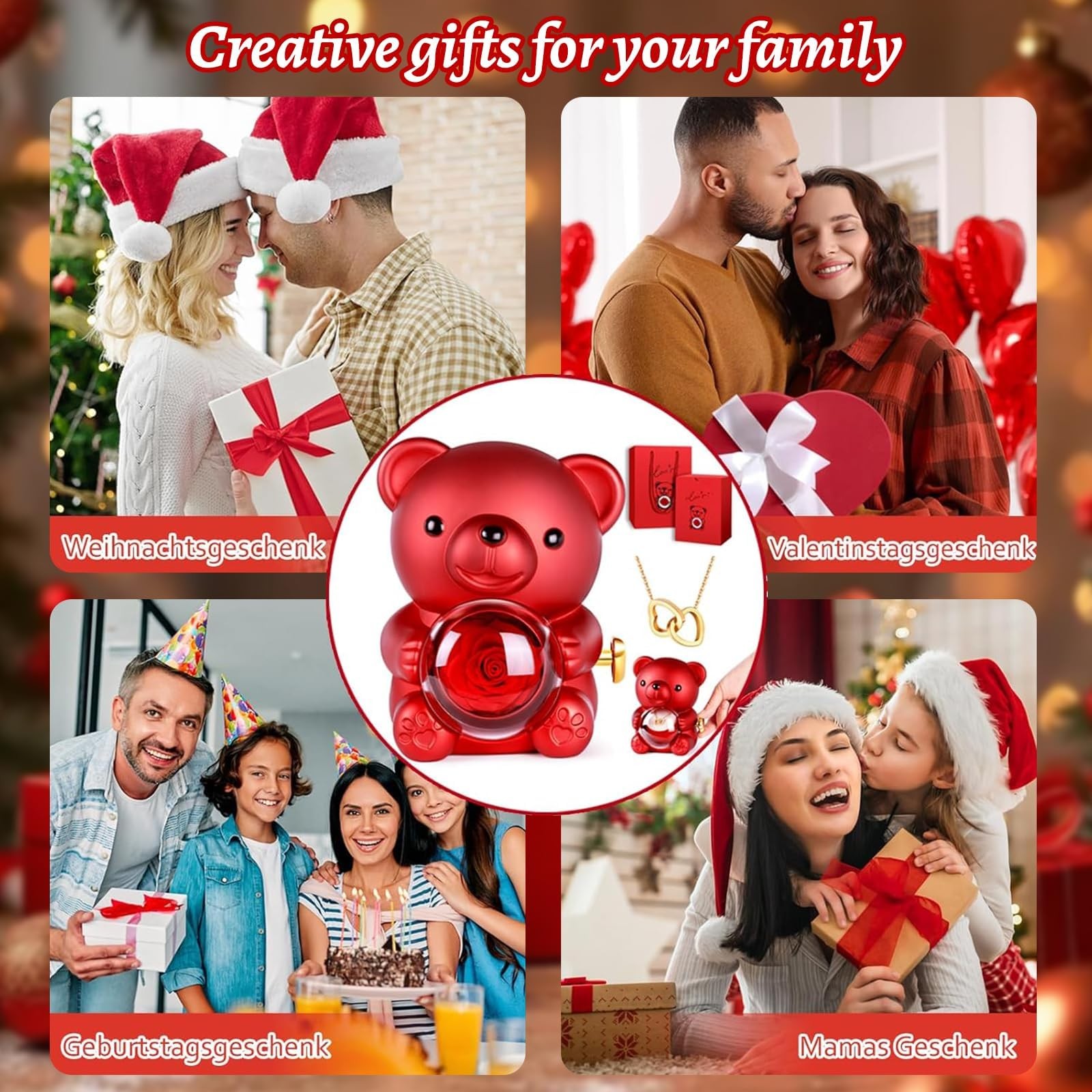 Cute Teddy Bear with Preserved Rose, Double-Heart Necklace, Musical – Serves …
