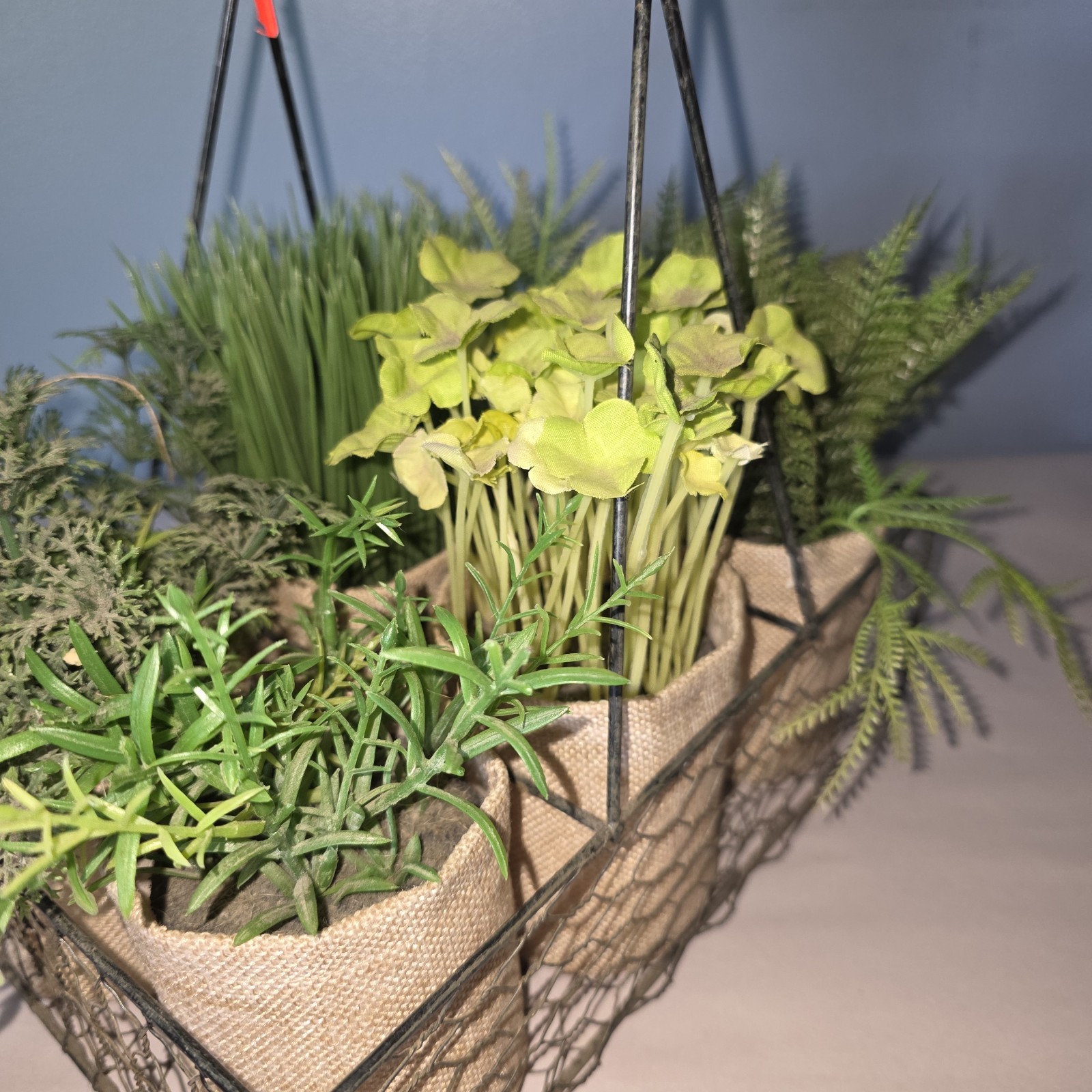 6 Artificial Plants In Burlap Containers In Metal Chicken Wire Carrier w Handle