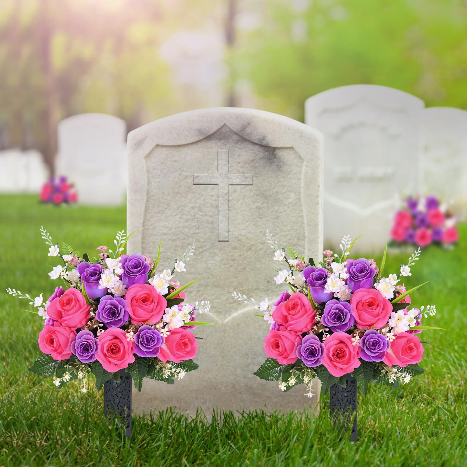 2 Sets Artificial Cemetery Flowers for Grave, Realistic Grave Flowers for Cem…
