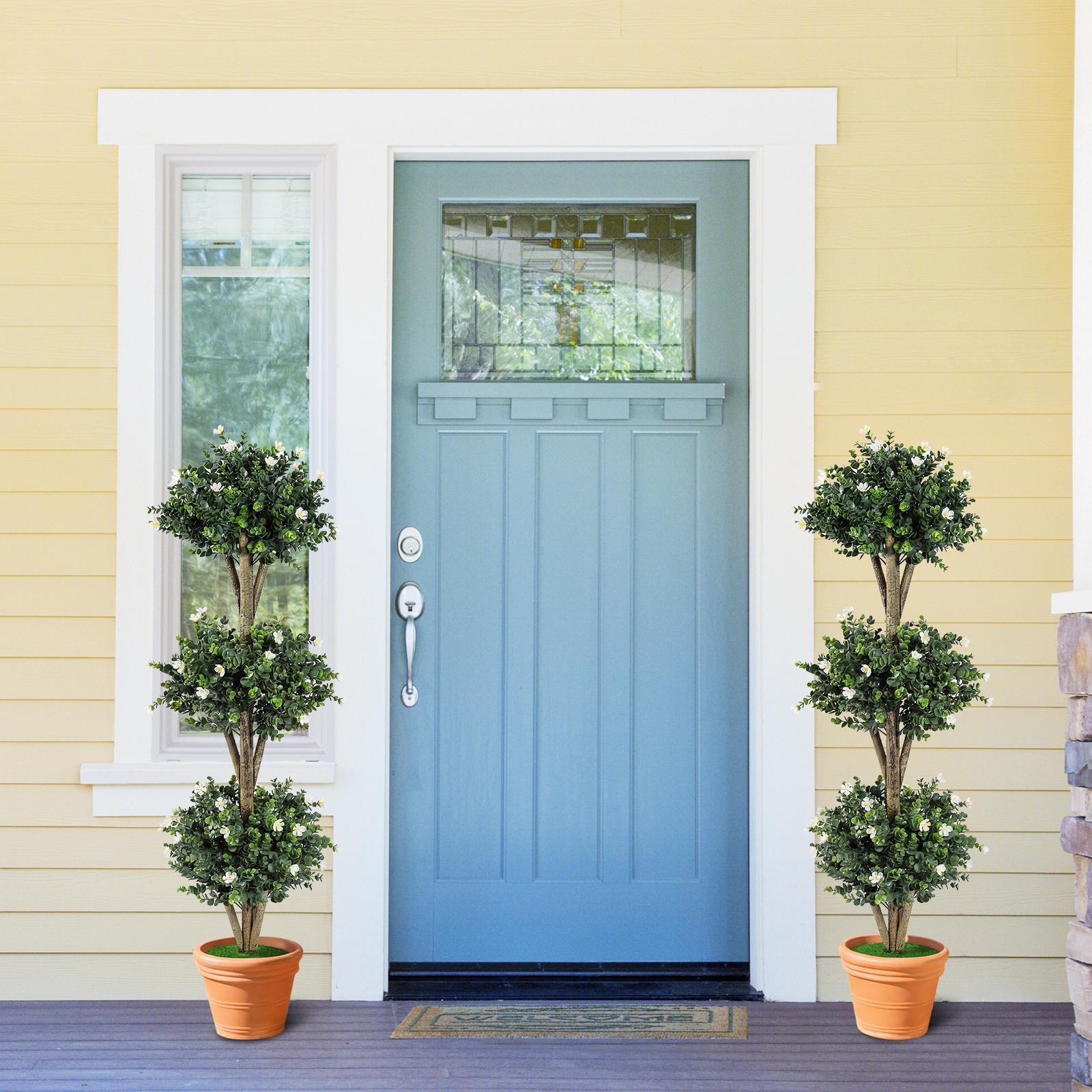 2PCS Artificial Triple Ball Boxwood Topiary Tree w/59 Blossoms for Porch Home