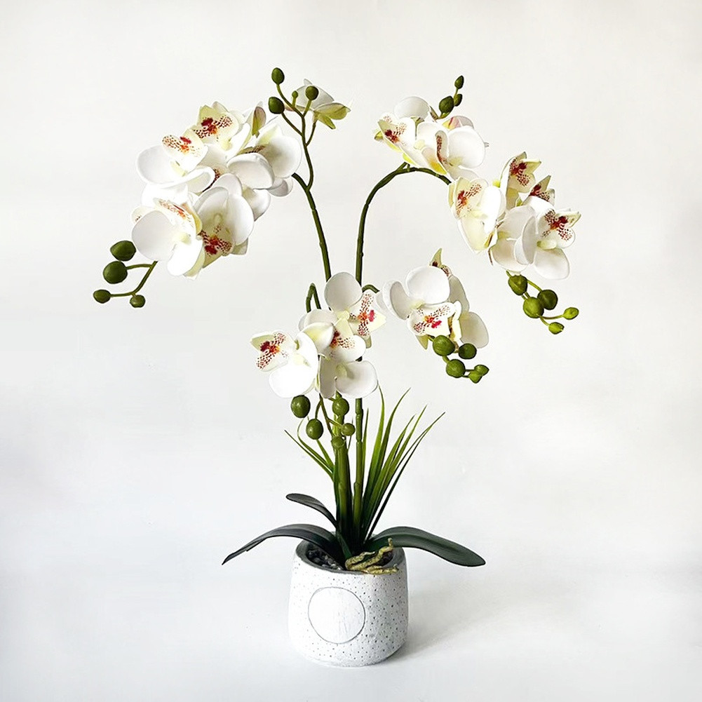 24-Head Artificial Orchid with Delicate Buds and Leaves in Speckled Pot