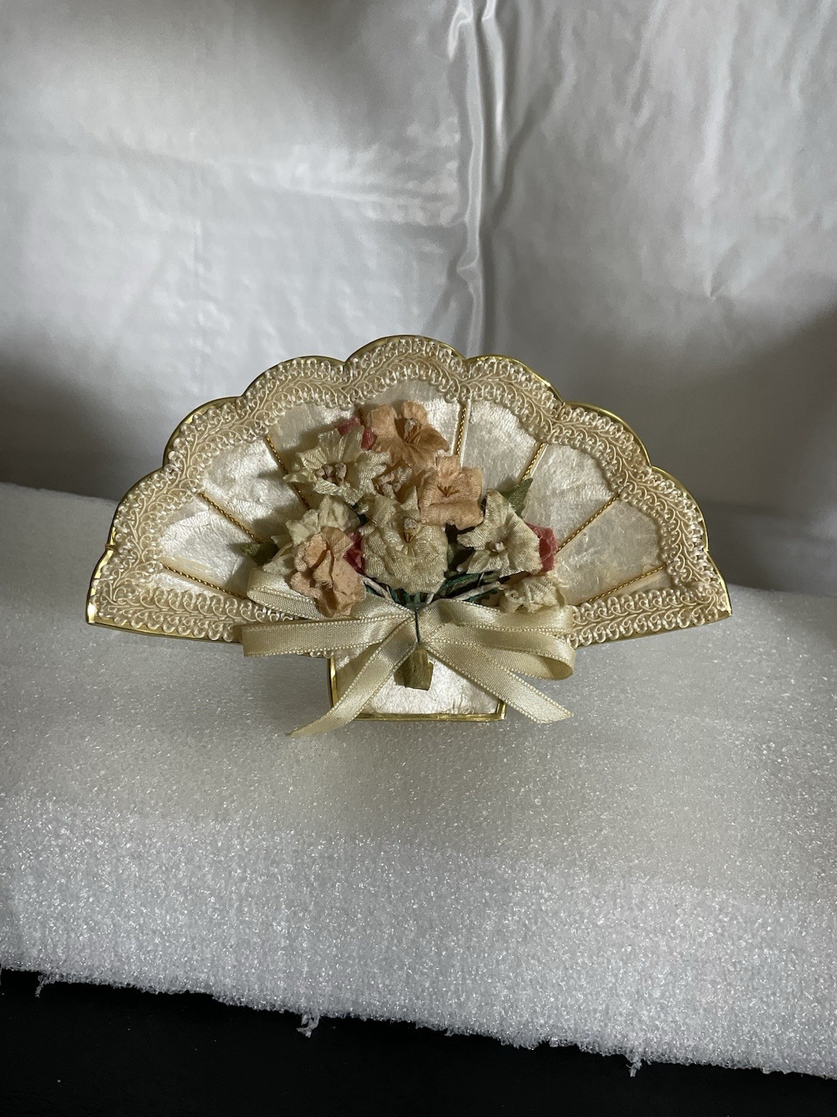 MC Coastal Capiz Shell Fan Trimmed with Gold Lace/Flowers Victorian Style Decor