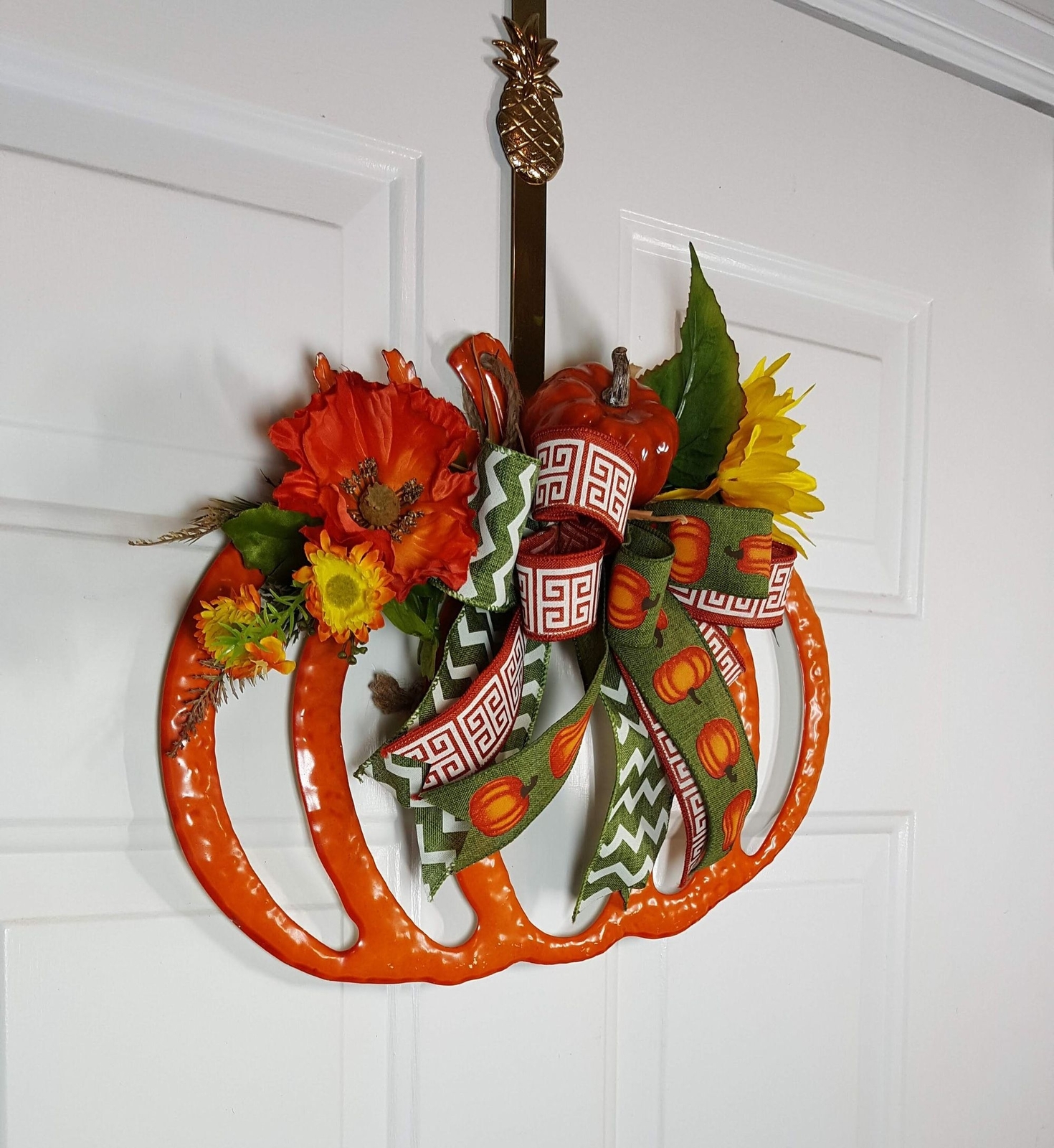 Orange Enamel Fall Pumpkin Wreath, Fall Halloween Decor, Sunflowers & Leaves