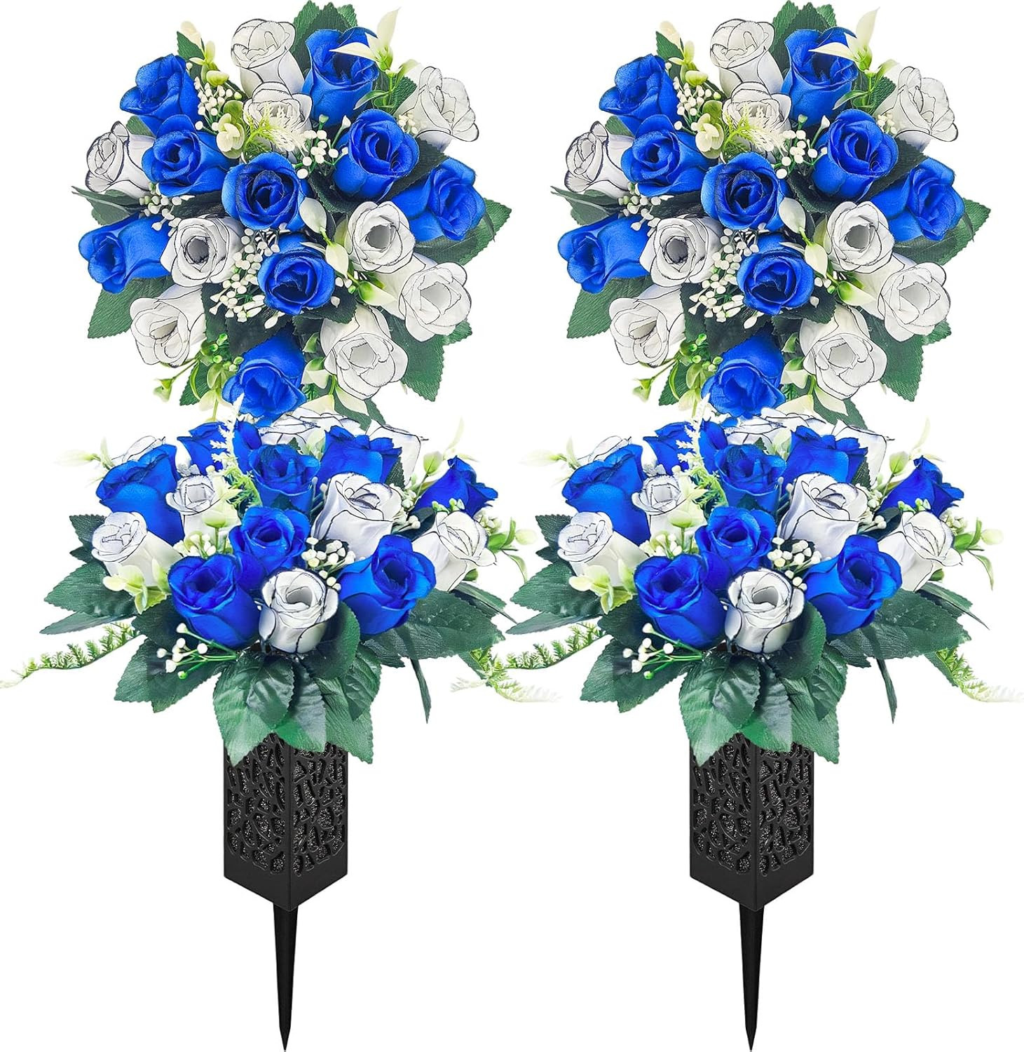 2 Pack Cemetery Flowers for Grave with Spiked Vases, 18-Stem Red Artificial Rose
