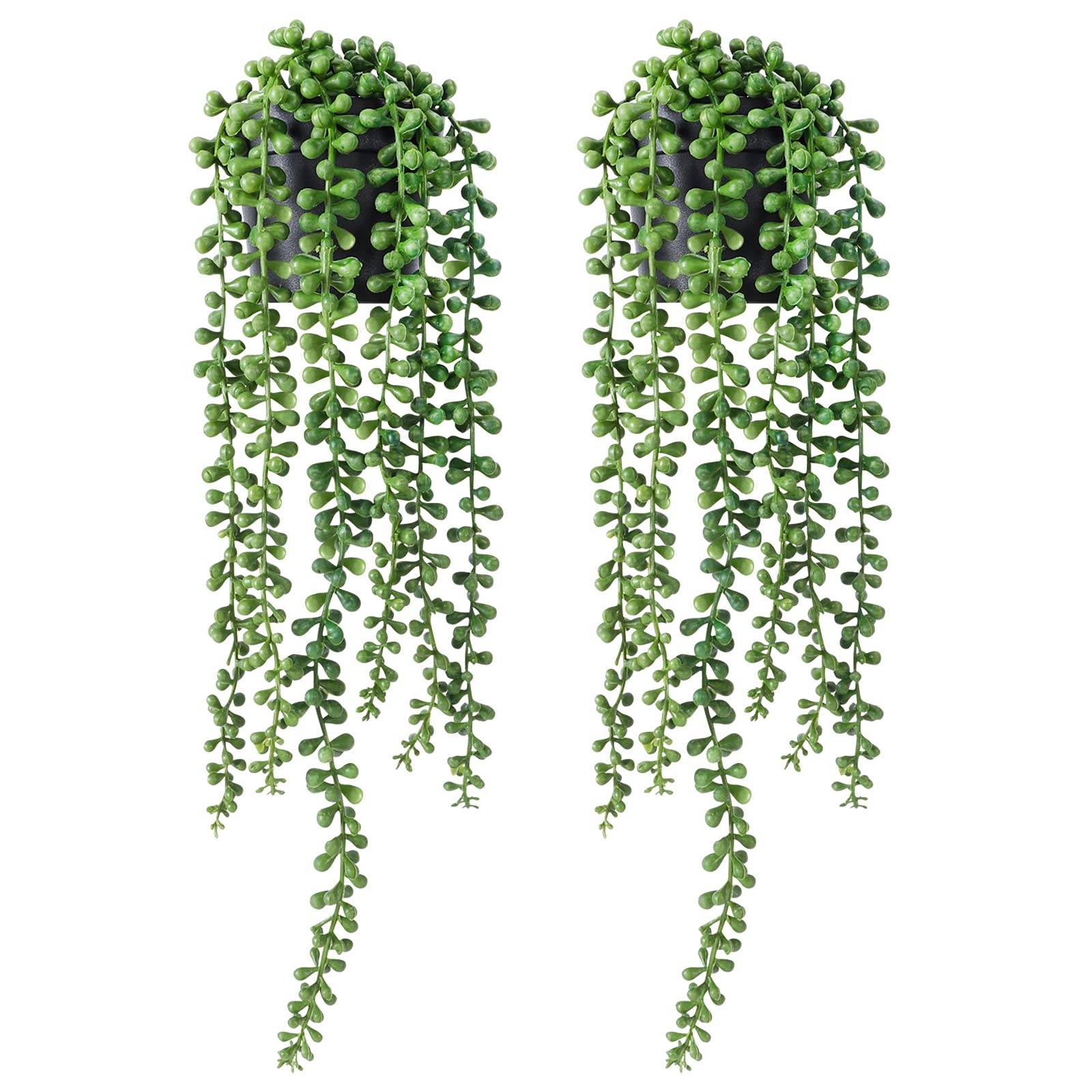 2 PCS Artificial String Of Pearls Hanging Plants In Black Pots Shelf Decor