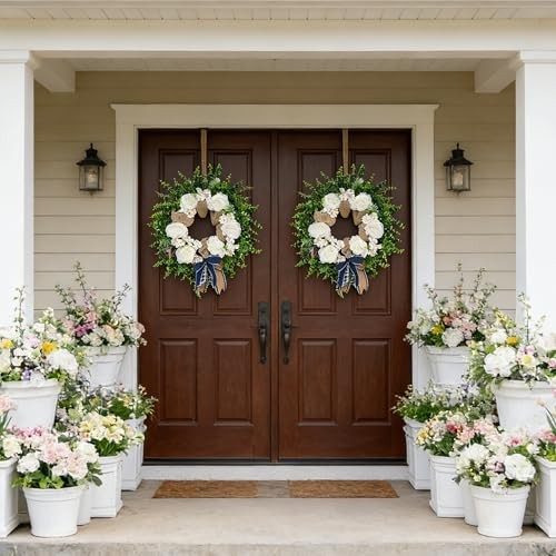 24″ Spring Peony & Eucalyptus Wreath for Front Door – Artificial Flowers White