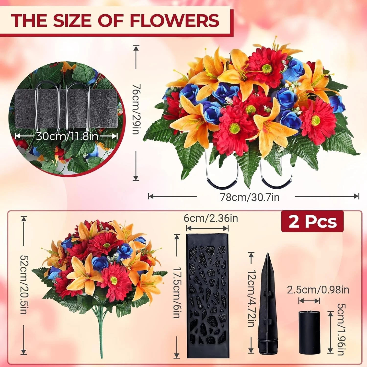3 PCS Artificial Cemetery Flower Saddles, Cemetery Memorial Flowers with Vase fo