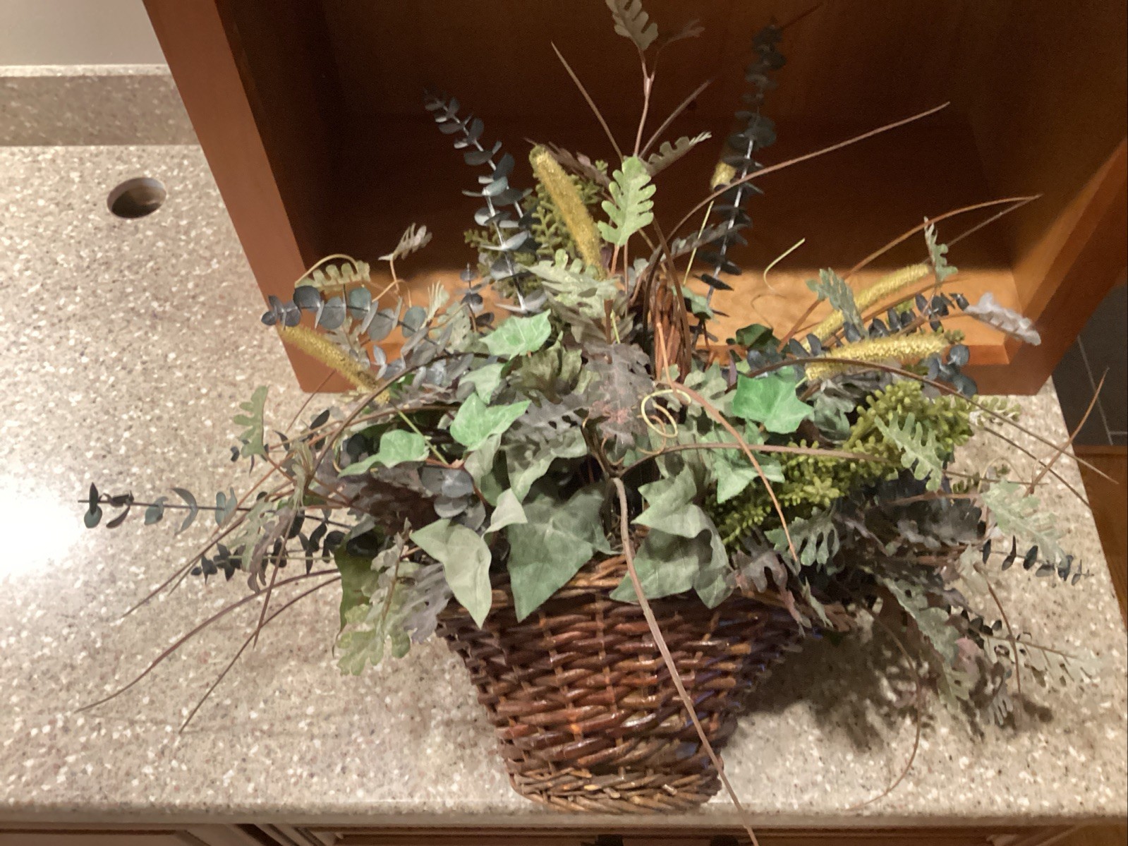 Eucalyptus Plant Artificial Greenery With Brown Wicker Basket