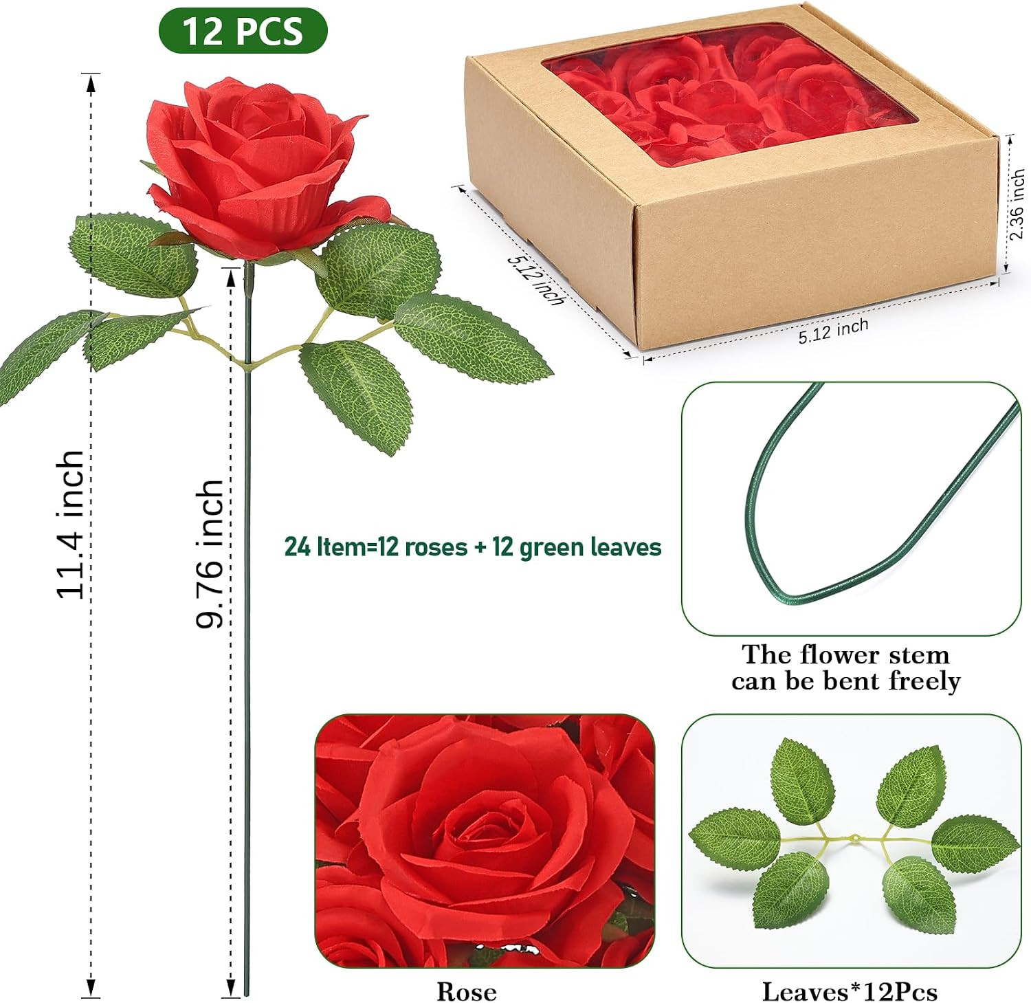 Artificial Flowers 24 Item Artificial Silk Flowers with Stems Realistic Roses…