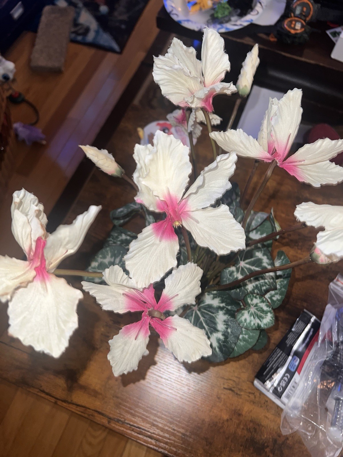Artificial Cyclamen Persicum House Plant, Glass Dish w/ Water & Rocks